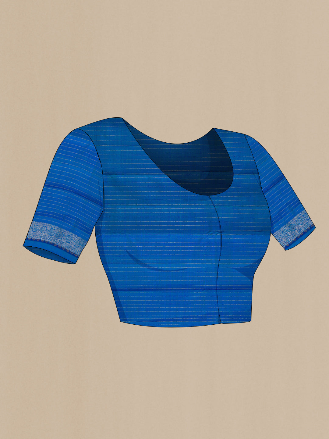 Close up image of the blouse of Peacock Blue Dual Tone Kanjivaram Silk Saree with Stripes on the body and Without Border. 