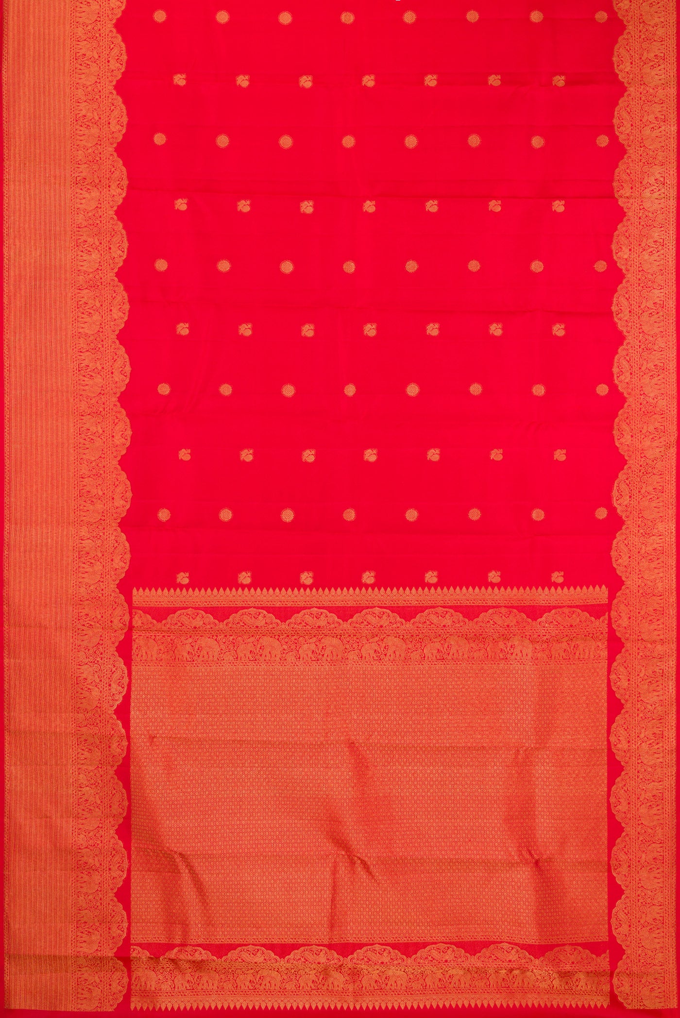 Flat view of Red Kanchipuram Silk Saree with Zari Butta on the body and Fancy Border. 