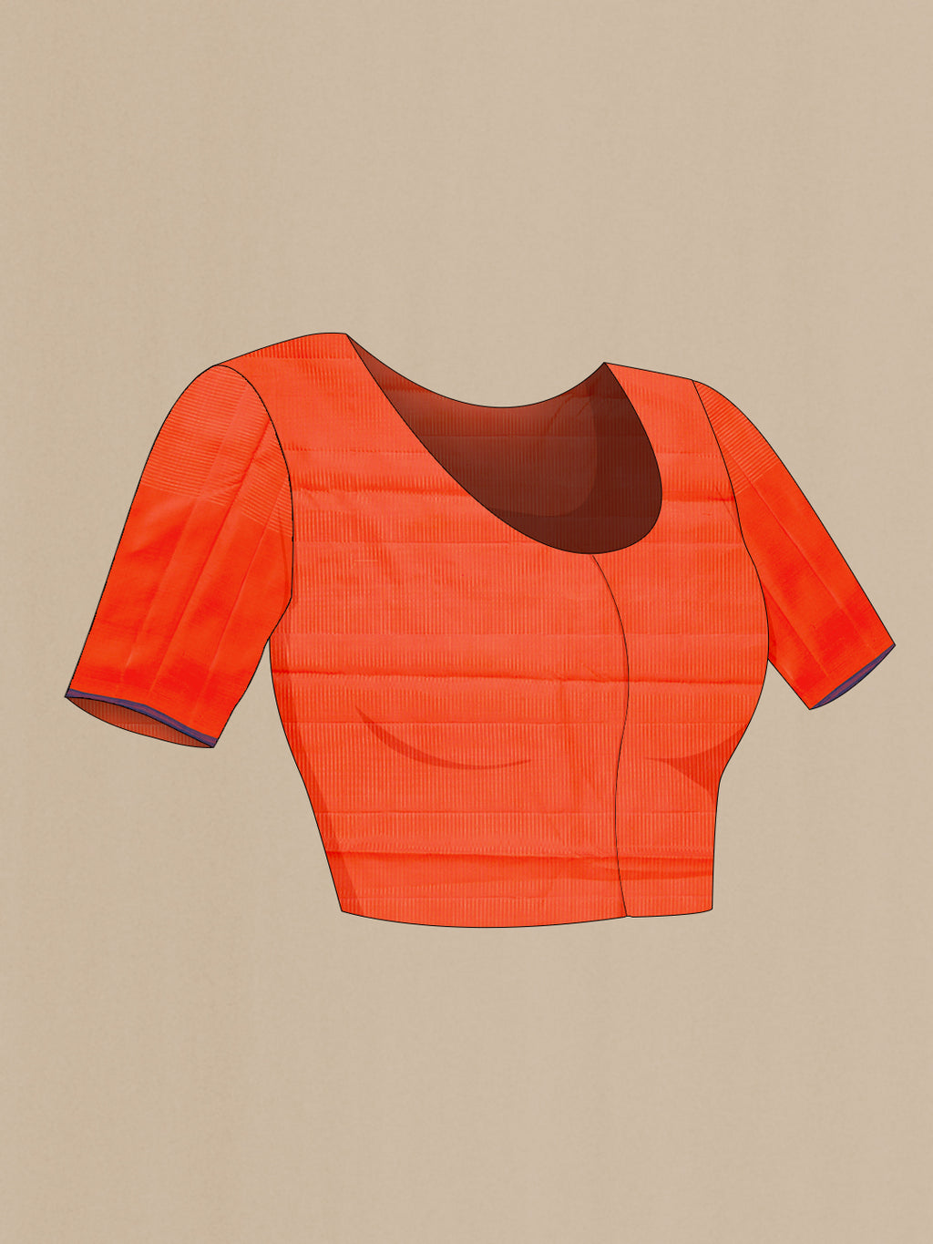 Close up image of the blouse of Orange Kanjivaram Silk Saree with Checked design on the body and Fancy Border. 
