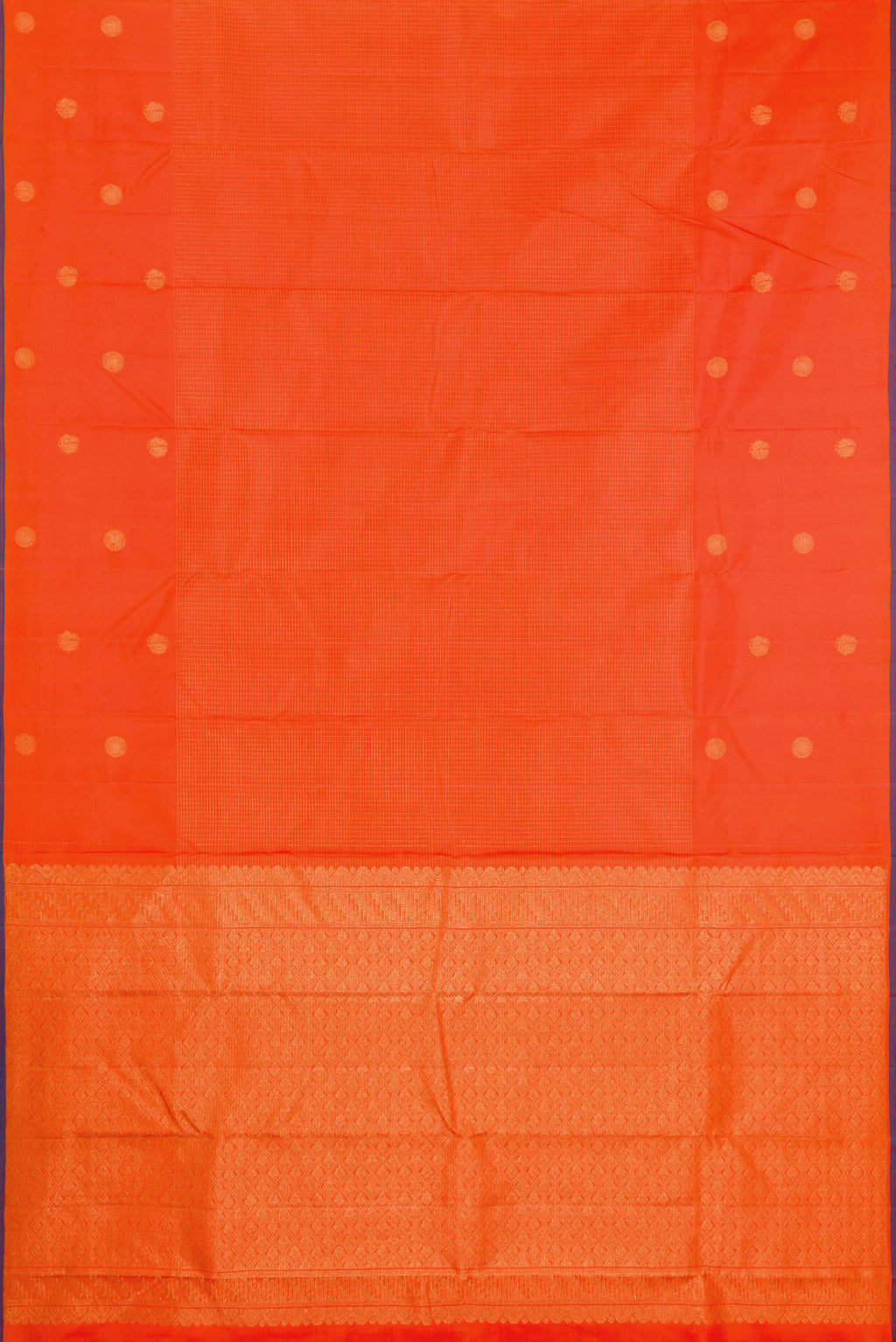 Flat view of Orange Kanjivaram Silk Saree with Checked design on the body and Fancy Border. 