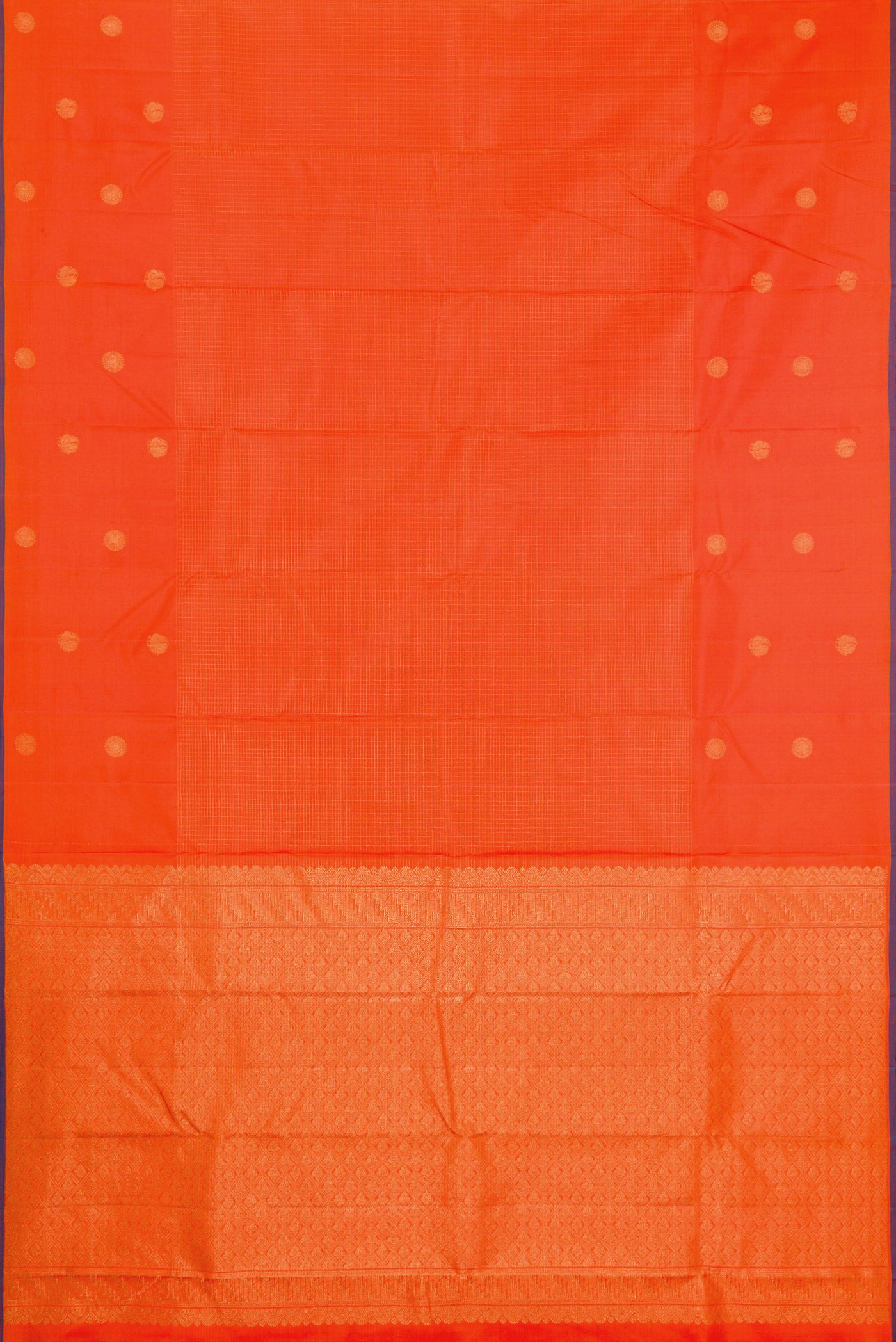Flat view of Orange Kanjivaram Silk Saree with Checked design on the body and Fancy Border. 