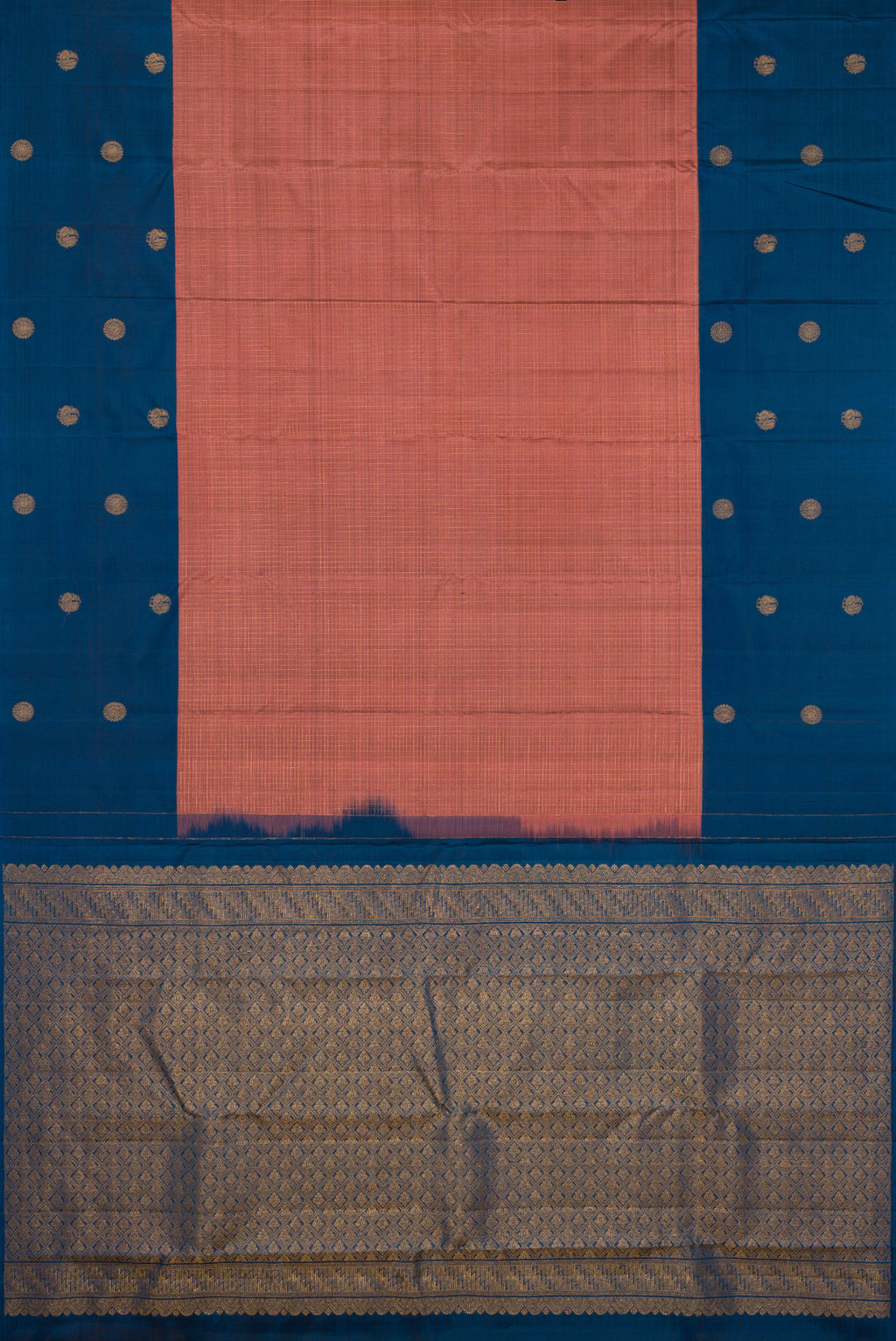 Flat view of Rose Gold Kanjivaram Silk Saree with Checked design on the body and Fancy Border. 