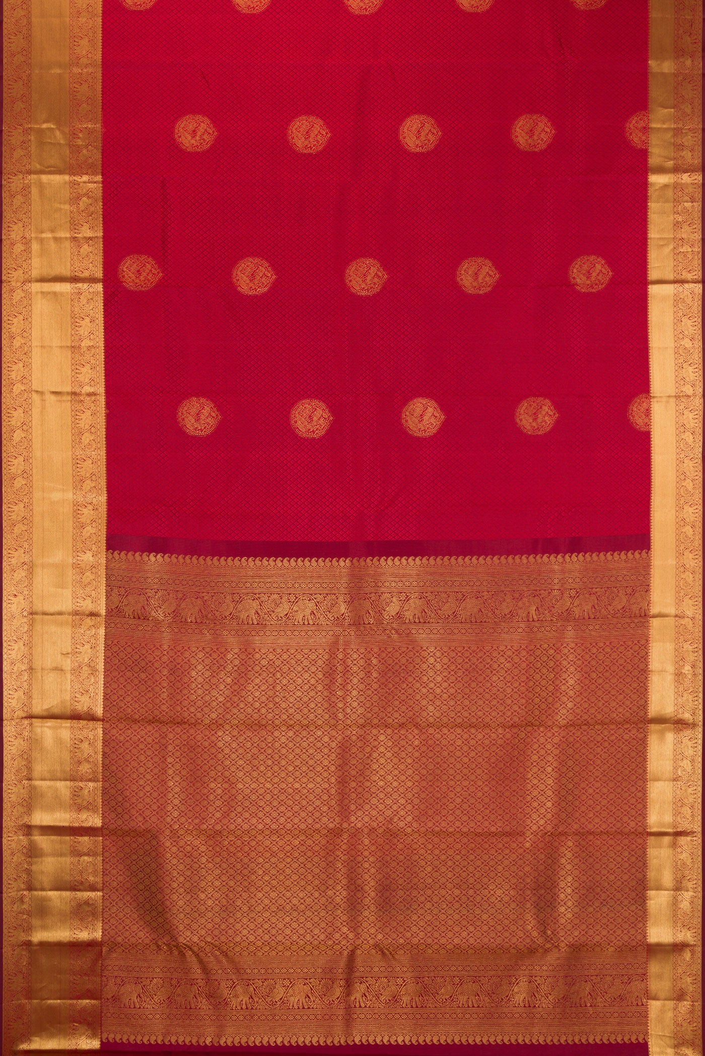 Flat view of Maroon Kanjivaram Silk Saree with Jacquard With Zari Butta on the body and Zari Border. 