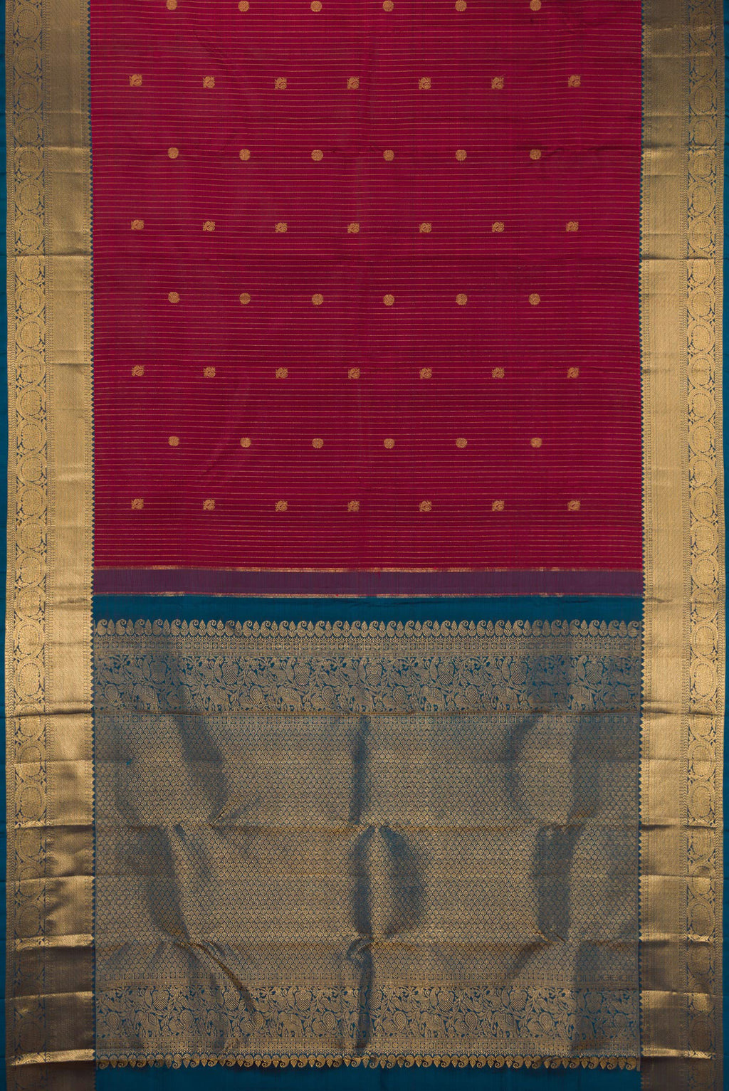 Flat view of Pure Silk Red Kanjivaram Saree with Stripes on the body and Zari Border. 