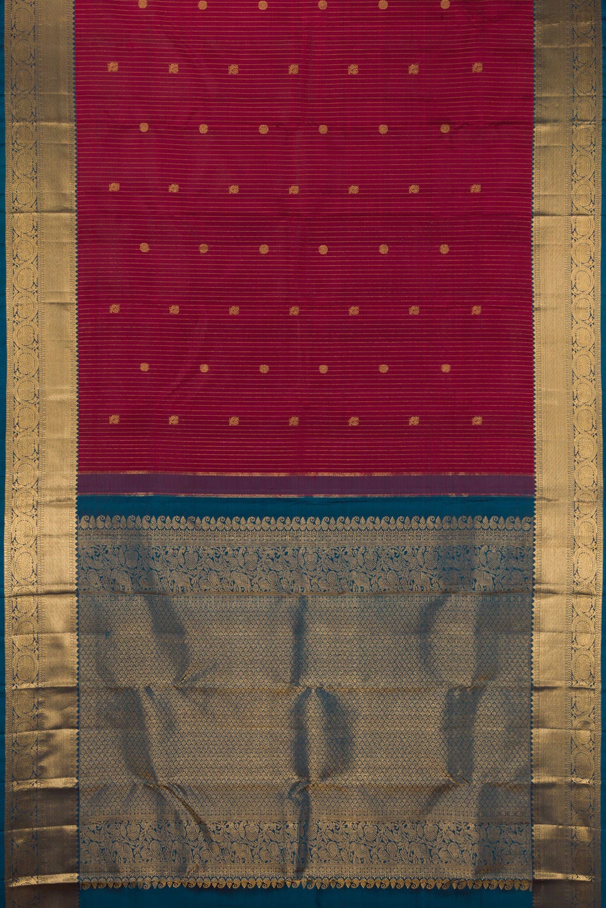 Flat view of Pure Silk Red Kanjivaram Saree with Stripes on the body and Zari Border. 