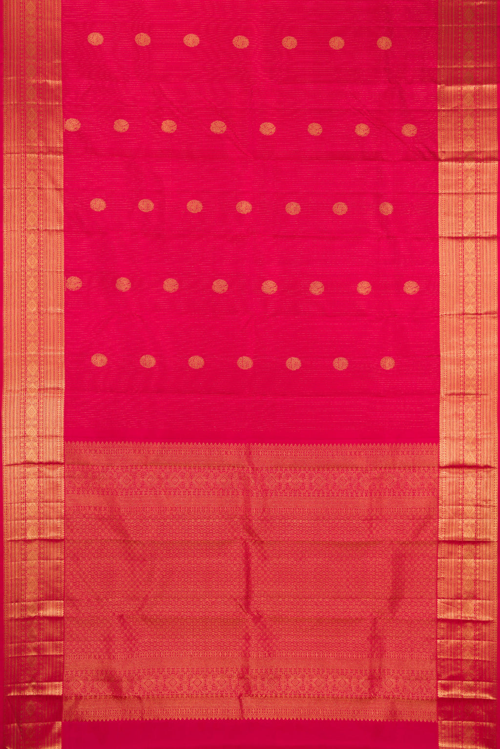 Flat view of Dark Pink Kanjivaram Silk Saree with Stripes on the body and Zari Border. 