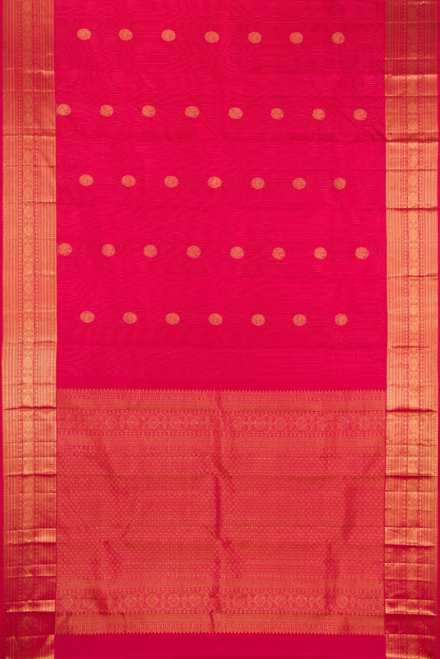 Flat view of Dark Pink Kanjivaram Silk Saree with Stripes on the body and Zari Border. 