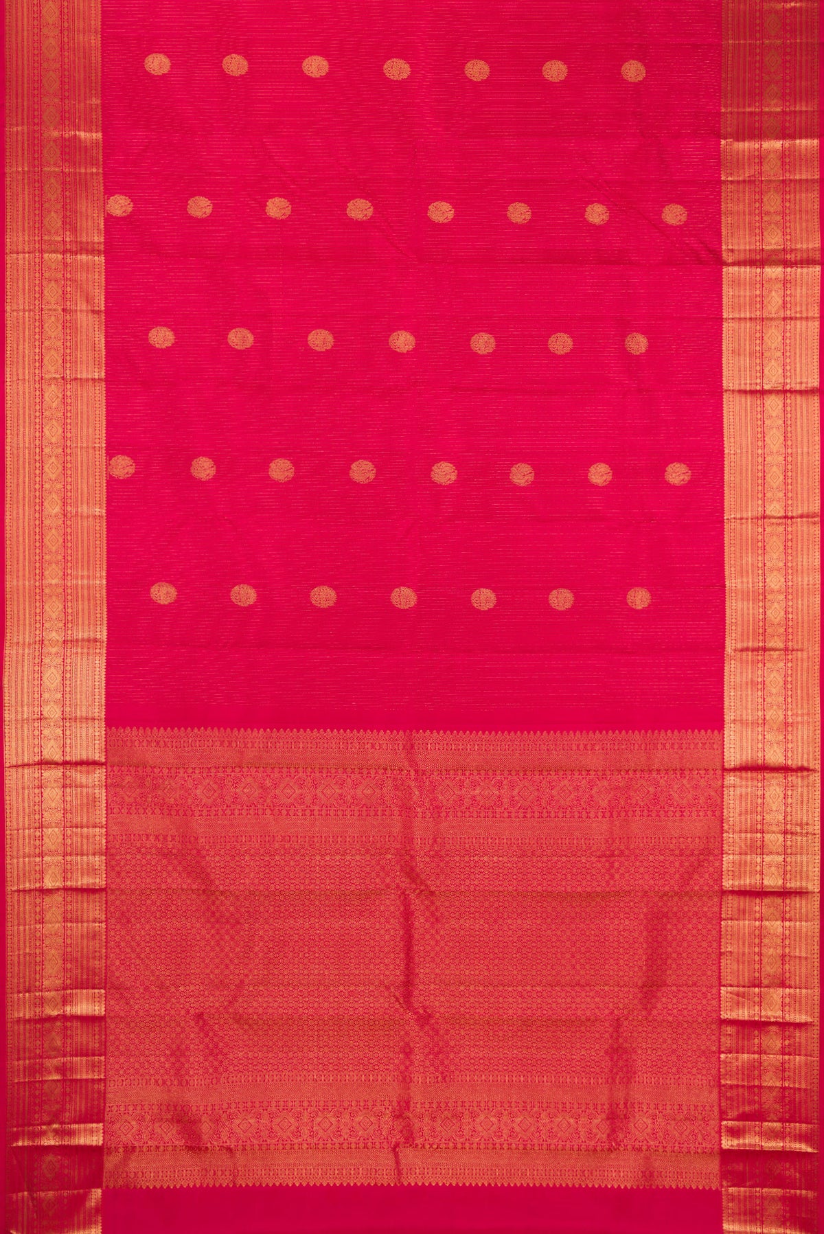 Flat view of Dark Pink Kanjivaram Silk Saree with Stripes on the body and Zari Border. 