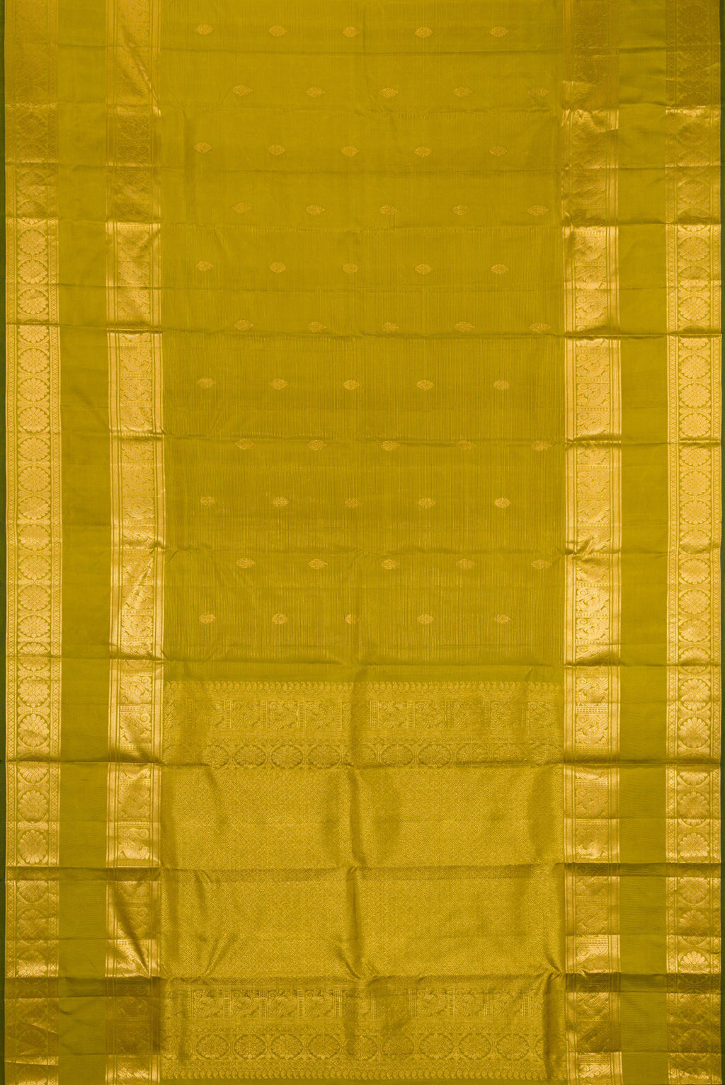 Flat view of Mehandi Green Kanjivaram Silk Saree with Stripes on the body and Zari Border. 