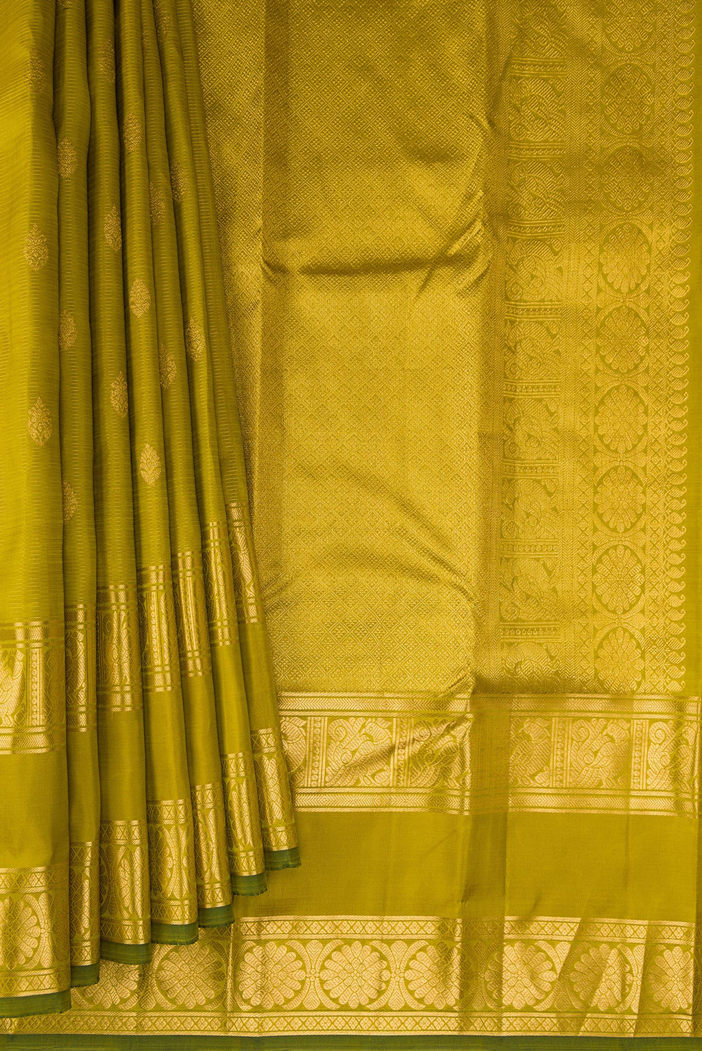 Pleats and pallu of Mehandi Green Kanjivaram Silk Saree with Stripes on the body and Zari Border. 