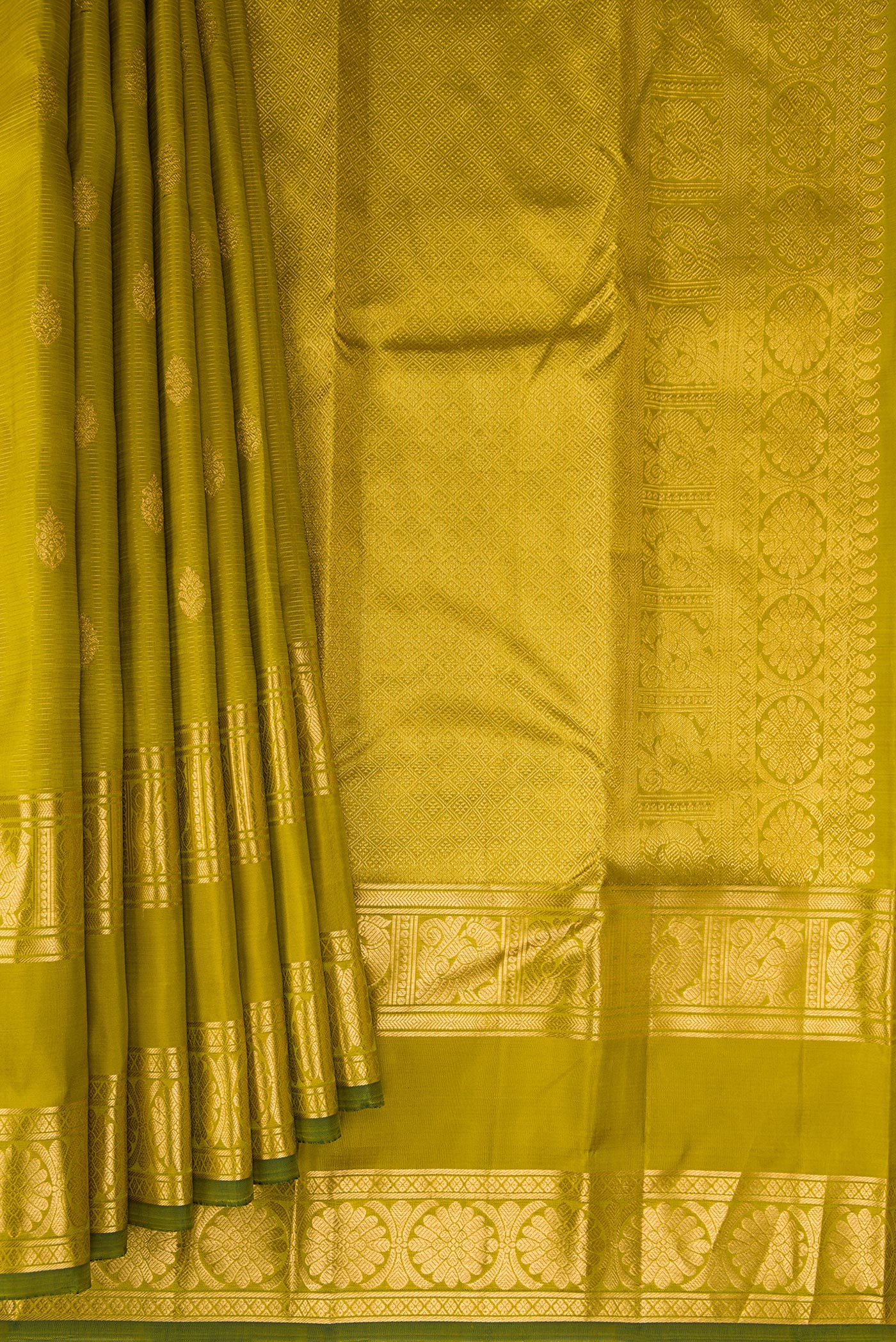 Pleats and pallu of Mehandi Green Kanjivaram Silk Saree with Stripes on the body and Zari Border. 