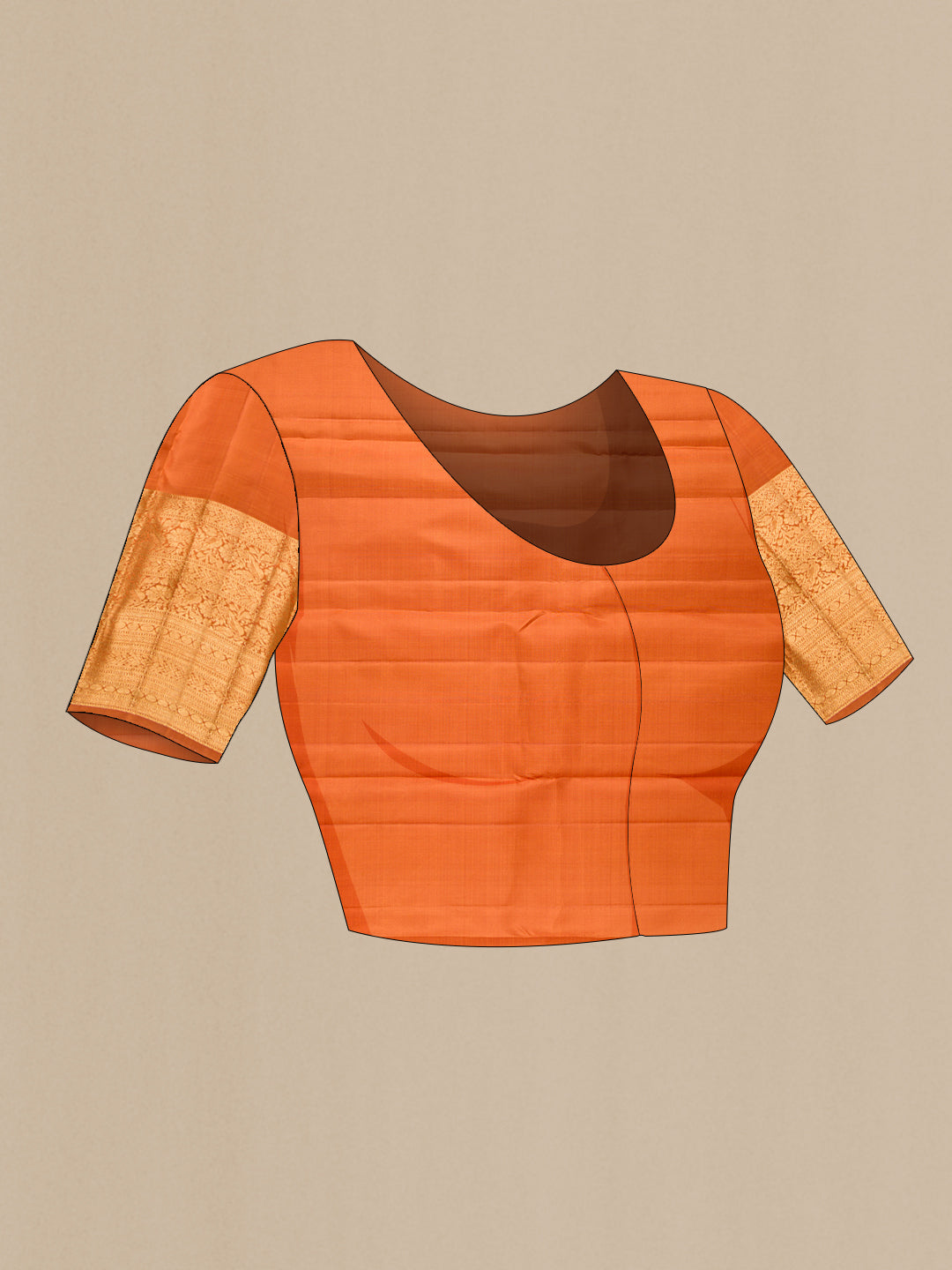 Close up image of the blouse of Mustard Kanjivaram Silk Saree with Stripes on the body and Zari Border. 