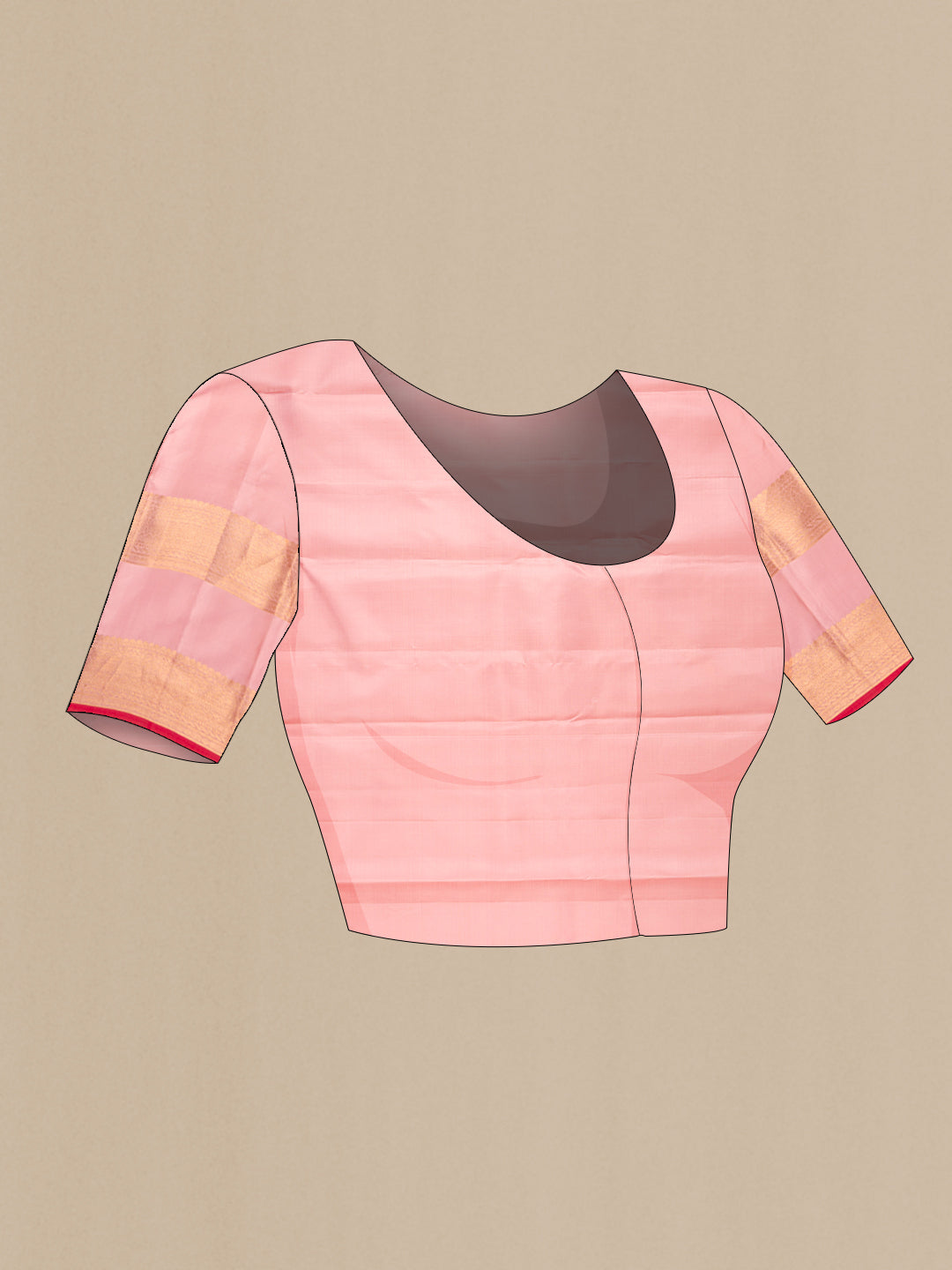 Close up image of the blouse of Rose pink Kanjivaram Silk Saree with Checked design on the body and Zari Border. 