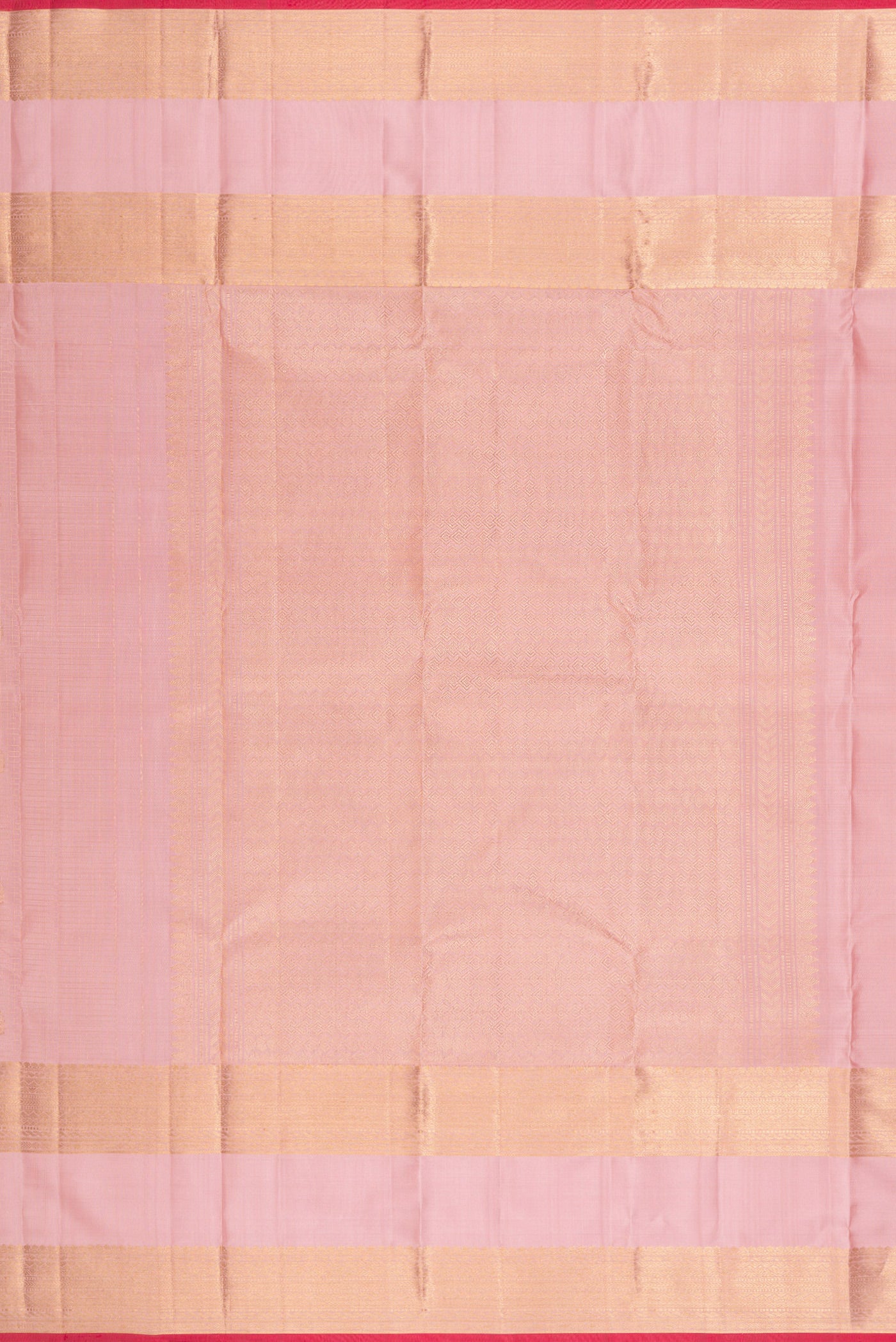 Close up image of the pallu of Rose pink Kanjivaram Silk Saree with Checked design on the body and Zari Border. 