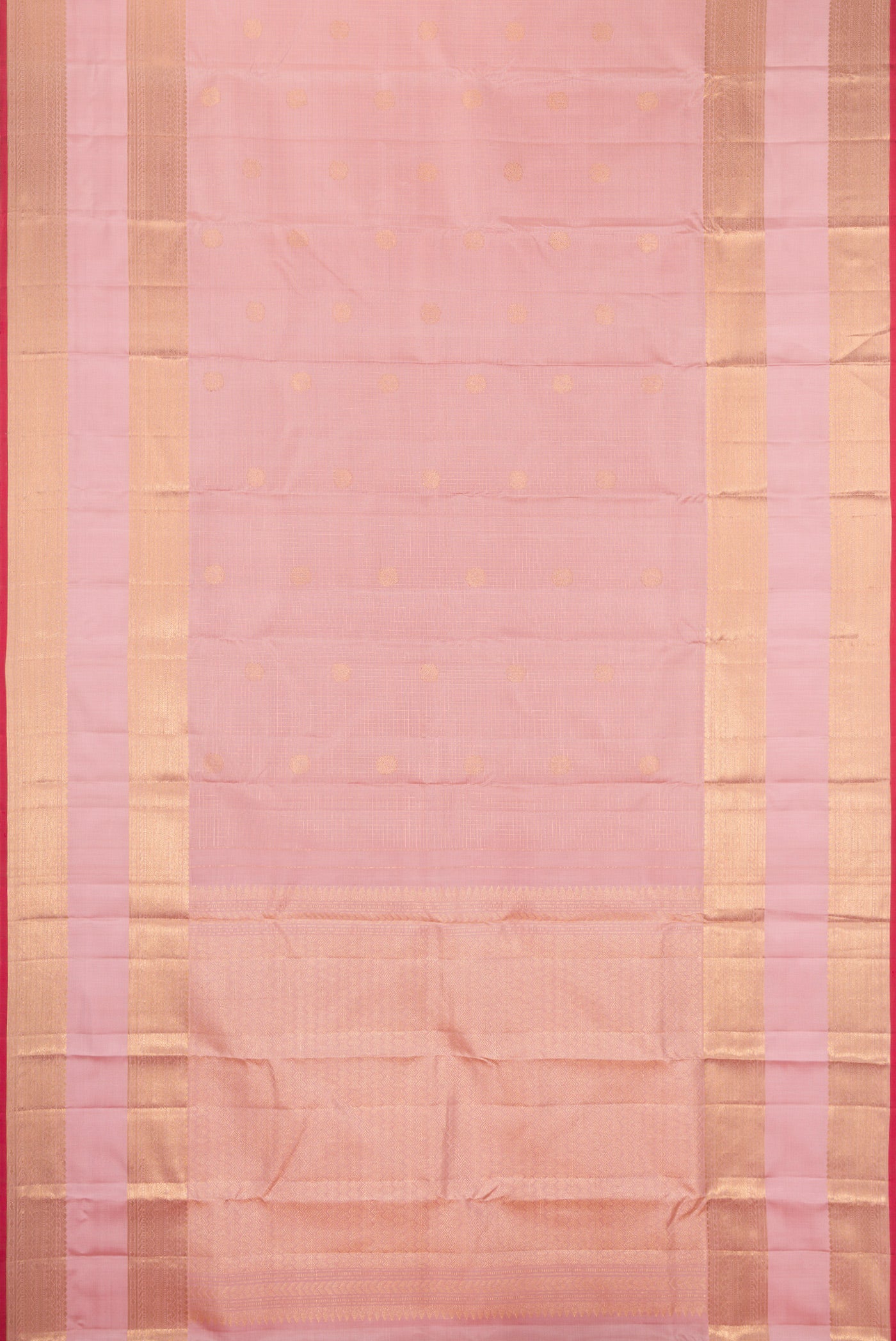 Flat view of Rose pink Kanjivaram Silk Saree with Checked design on the body and Zari Border. 