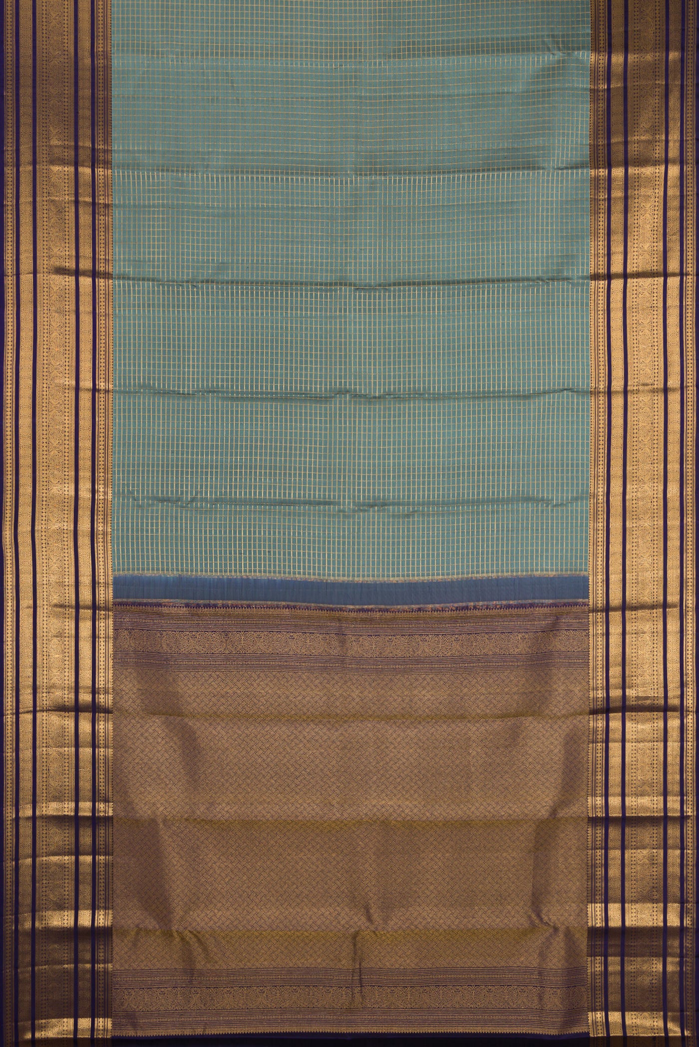 Flat view of Grey Kanjivaram Silk Saree with Checked design on the body and Fancy Border. 