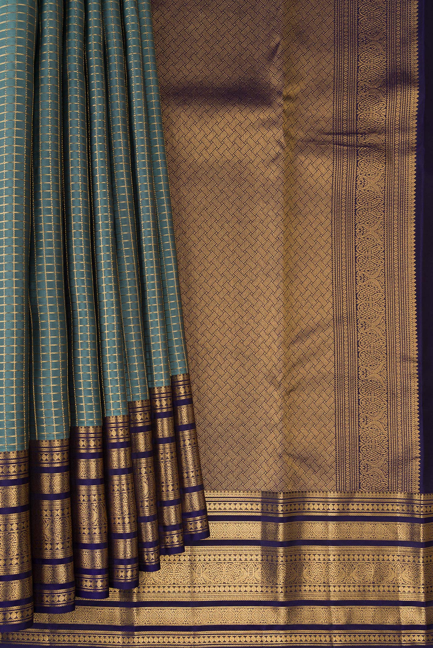 Pleats and pallu of Grey Kanjivaram Silk Saree with Checked design on the body and Fancy Border. 