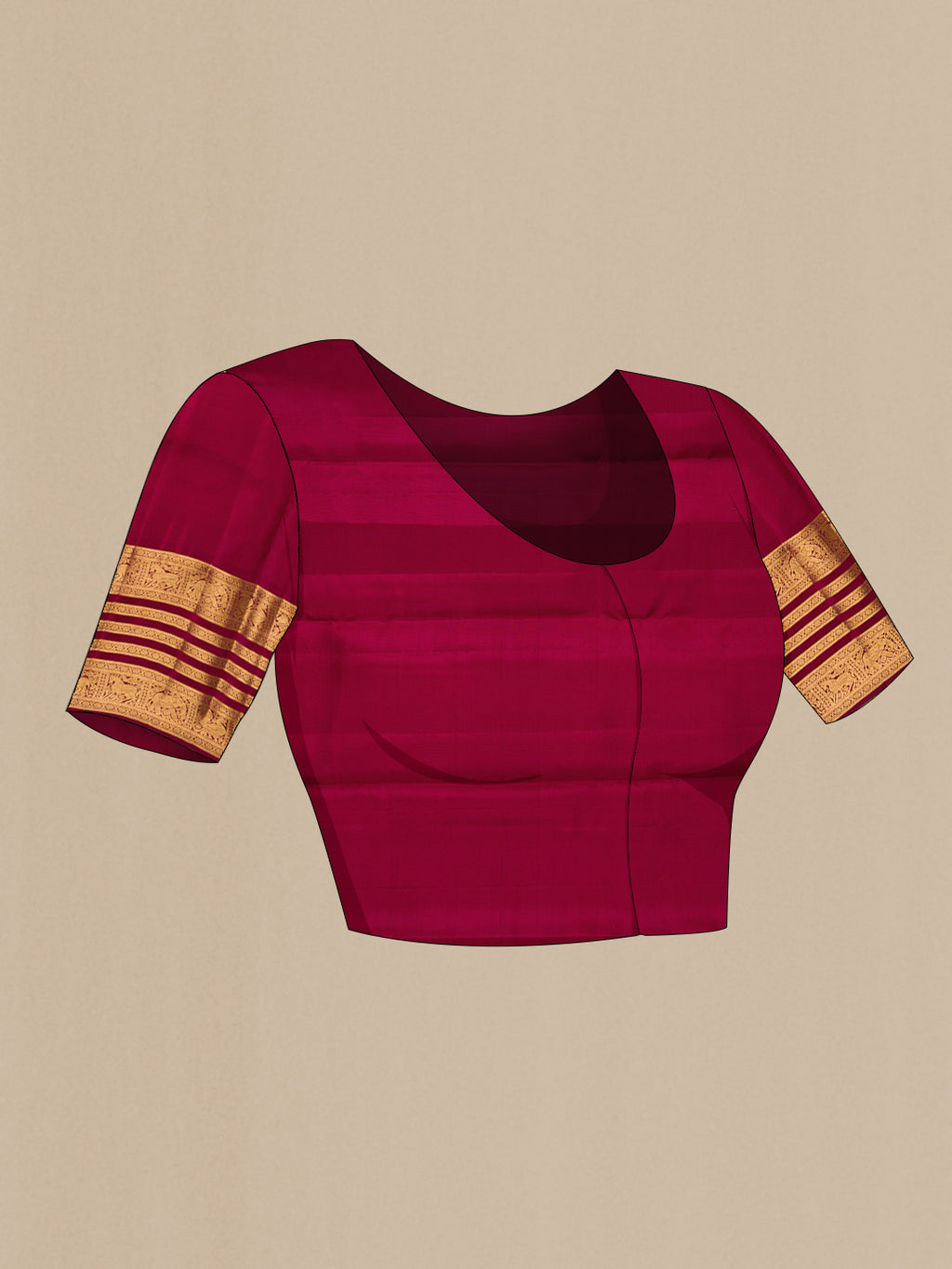 Close up image of the blouse of Maroon Kanjivaram Silk Saree with Checked design on the body and Zari Border. 