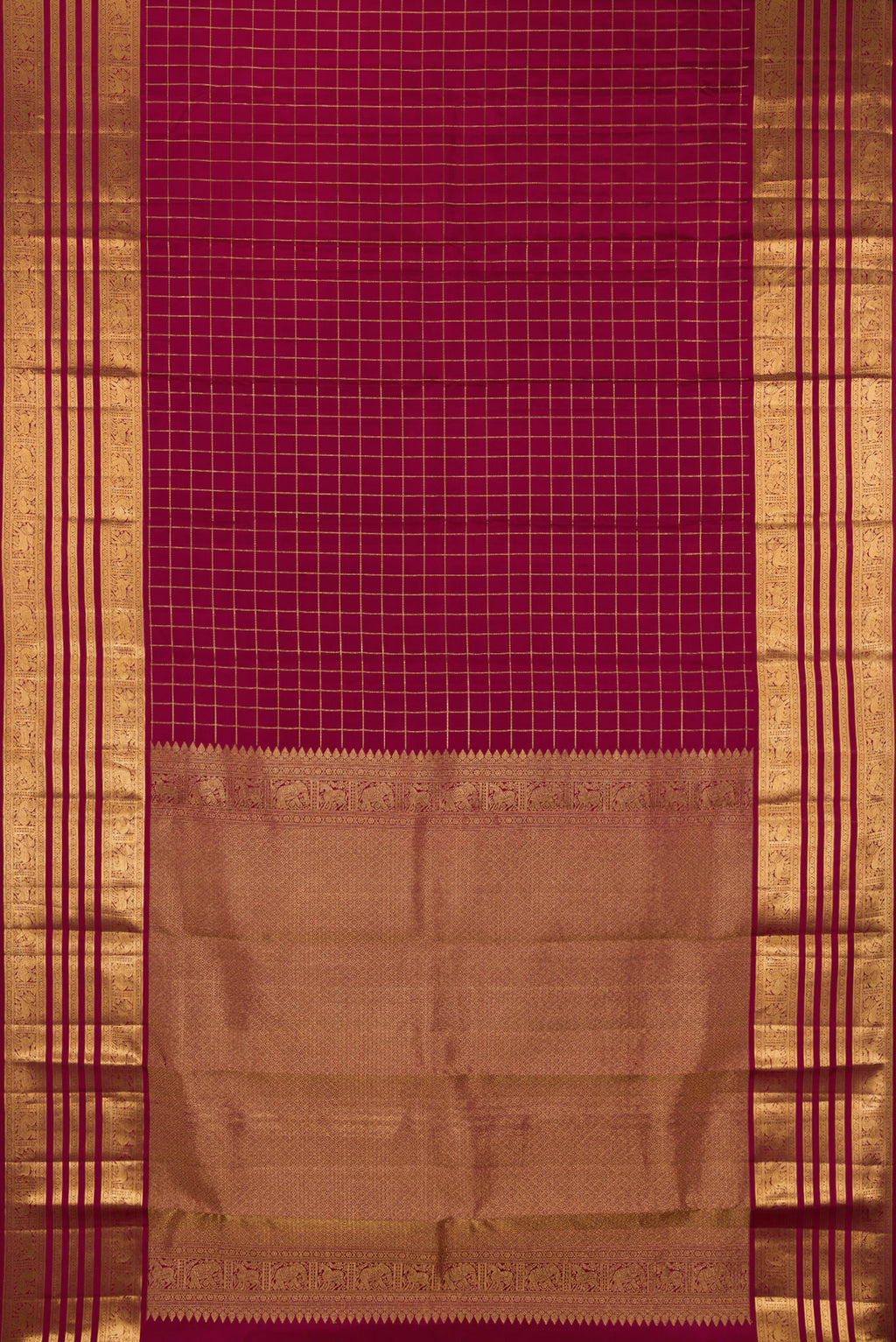 Flat view of Maroon Kanjivaram Silk Saree with Checked design on the body and Zari Border. 