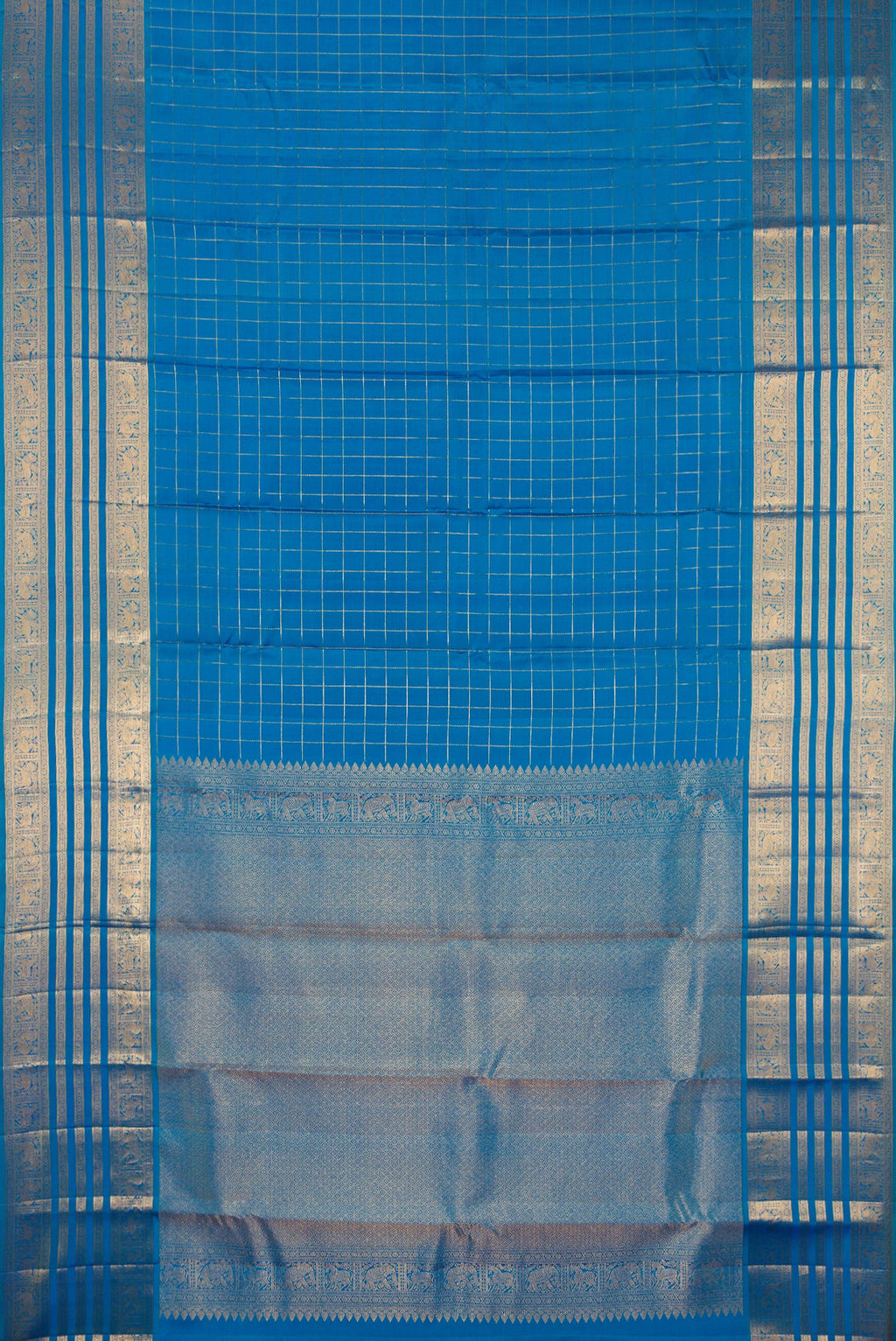 Flat view of Pure Silk Peacock Blue Kanjivaram Saree with Checked design on the body and Zari Border. 
