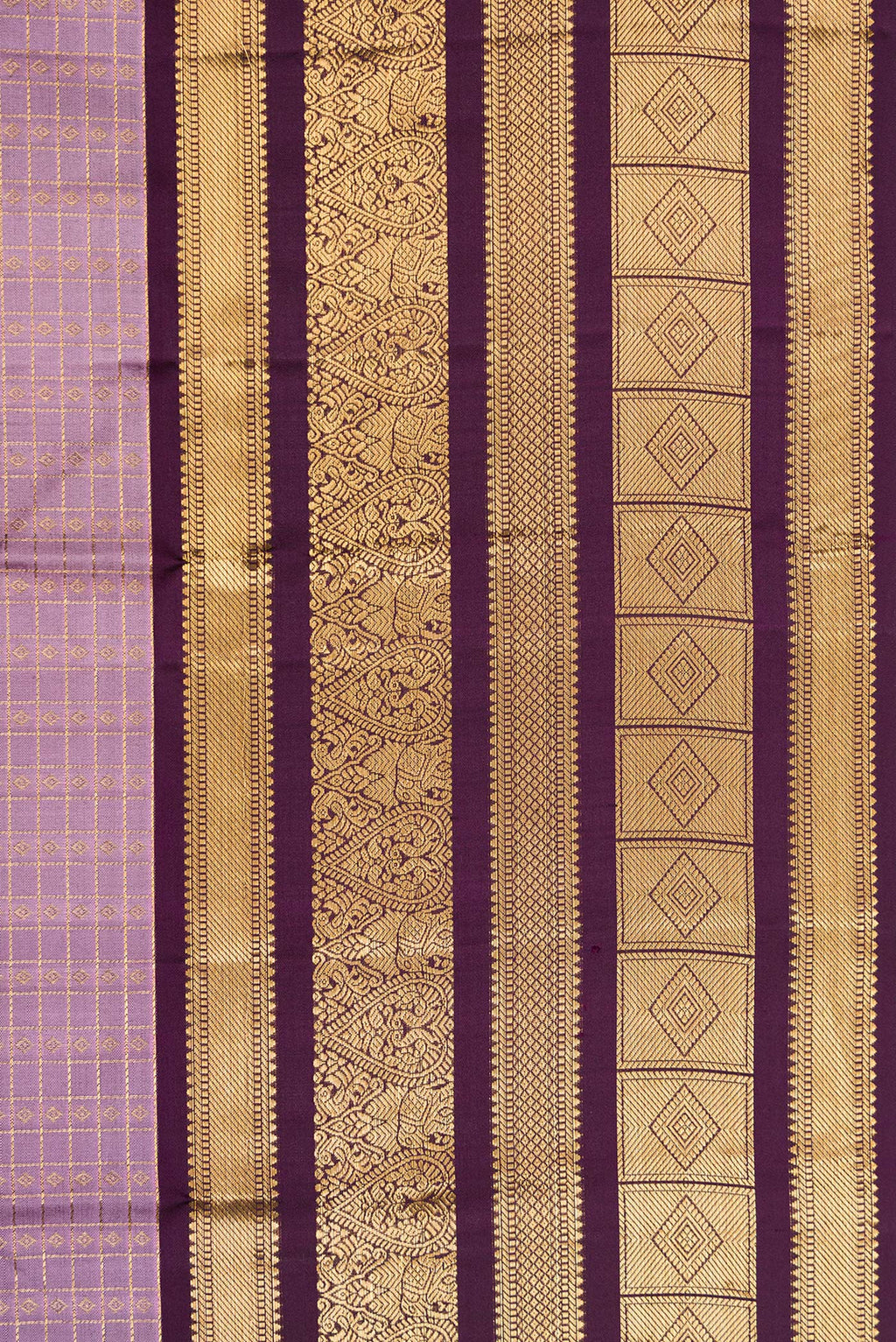 Border image of Lavender Dual Tone Kanjivaram Silk Saree with Checked design on the body and Fancy Border. 