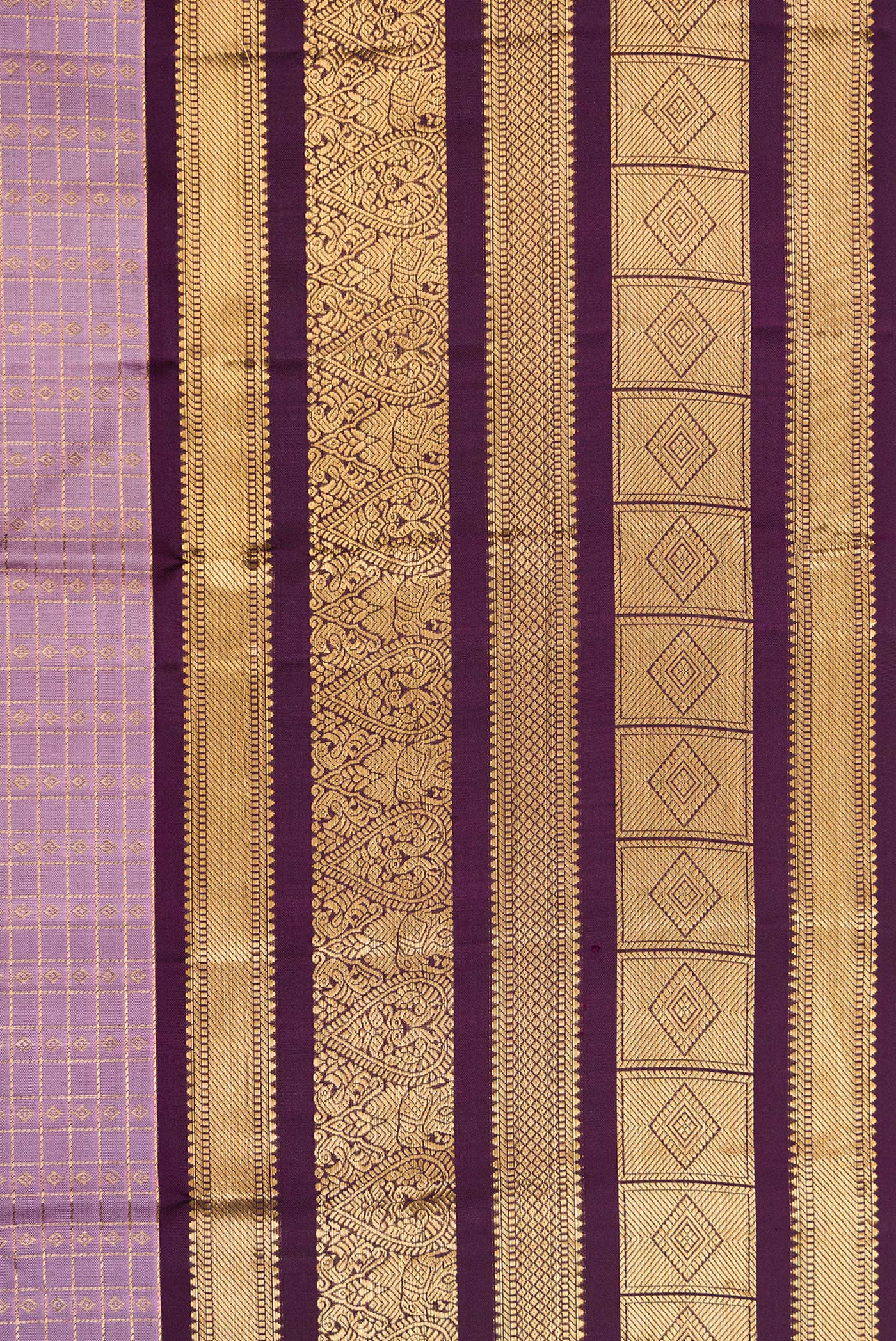 Border image of Lavender Dual Tone Kanjivaram Silk Saree with Checked design on the body and Fancy Border. 