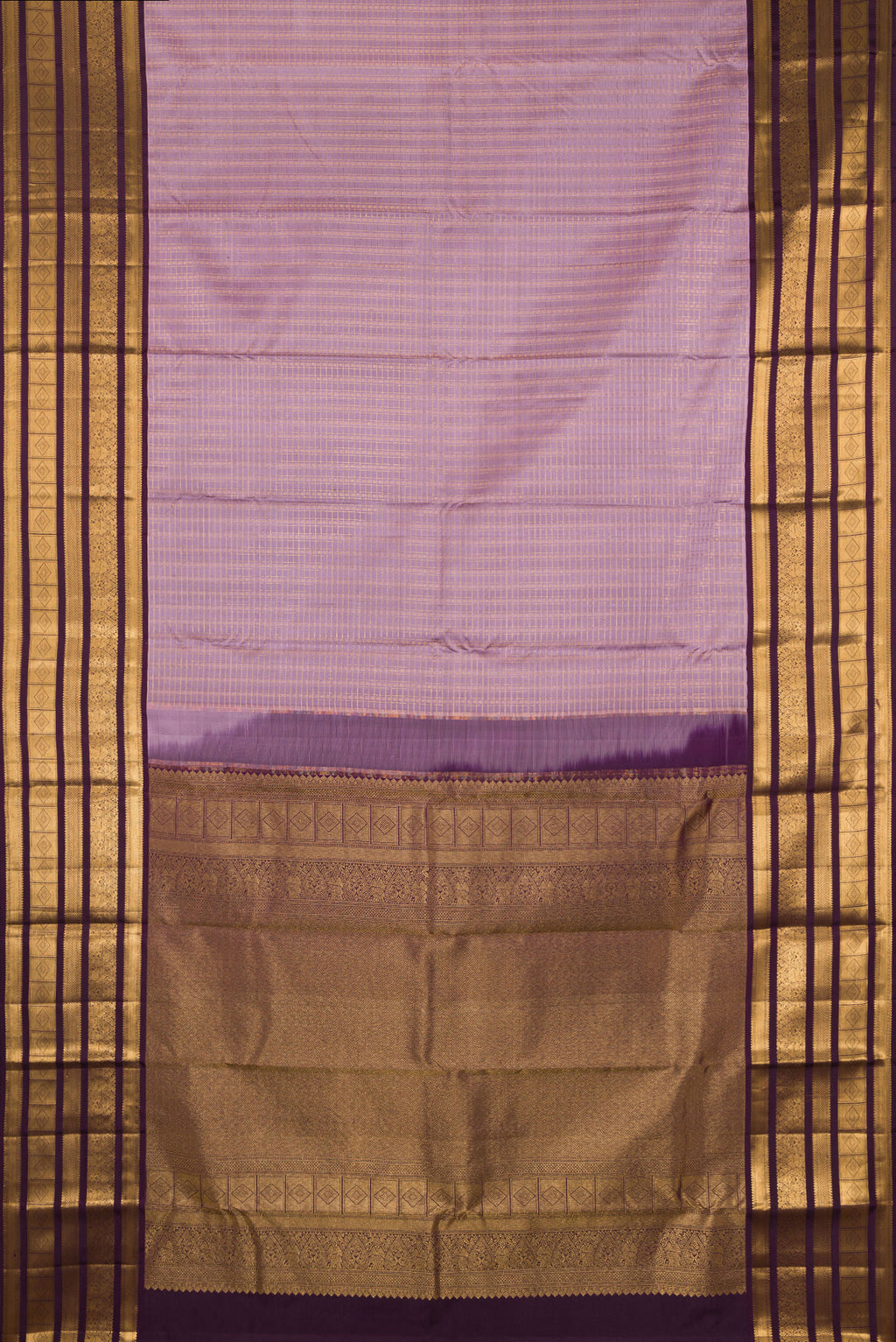 Flat view of Lavender Dual Tone Kanjivaram Silk Saree with Checked design on the body and Fancy Border. 