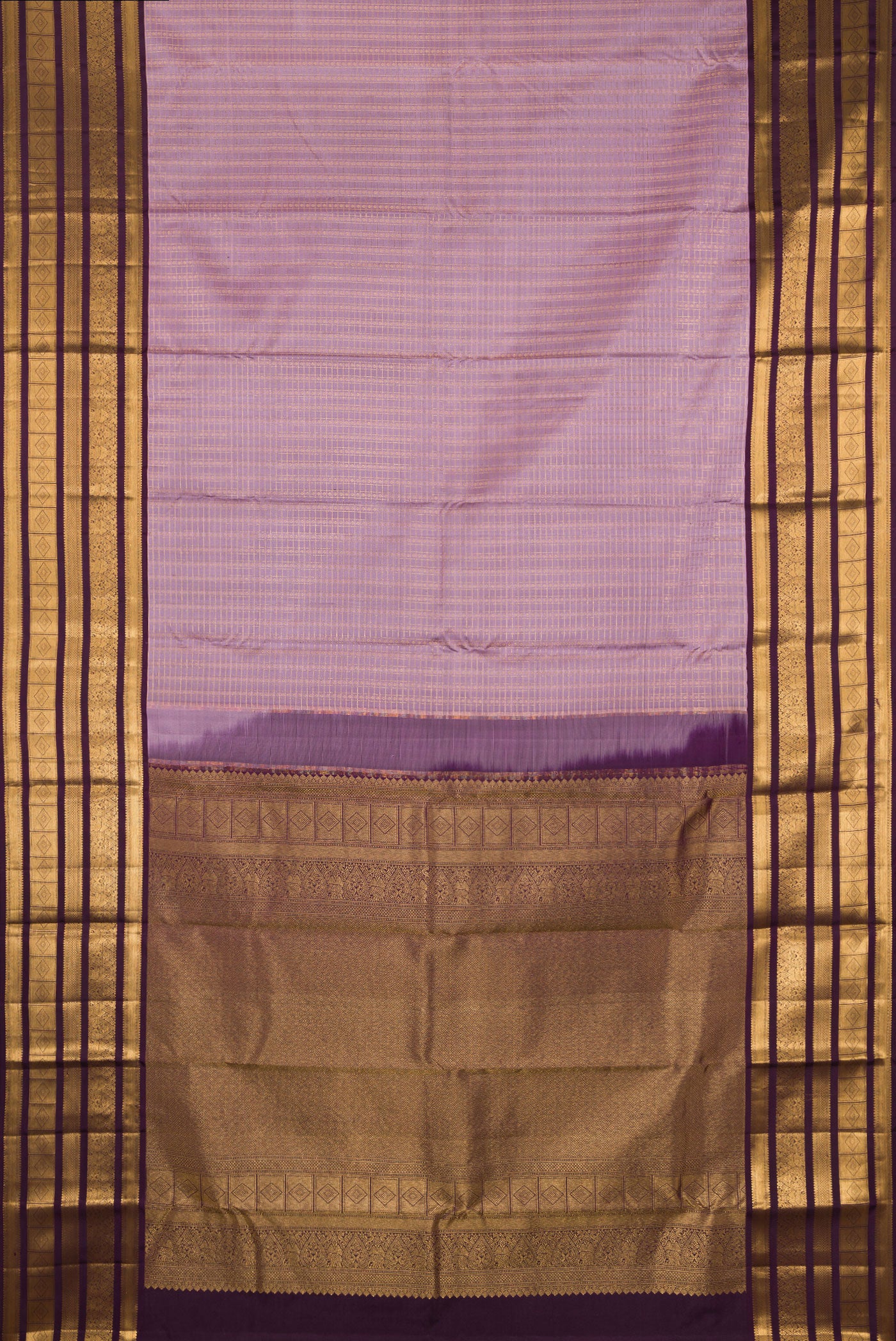 Flat view of Lavender Dual Tone Kanjivaram Silk Saree with Checked design on the body and Fancy Border. 