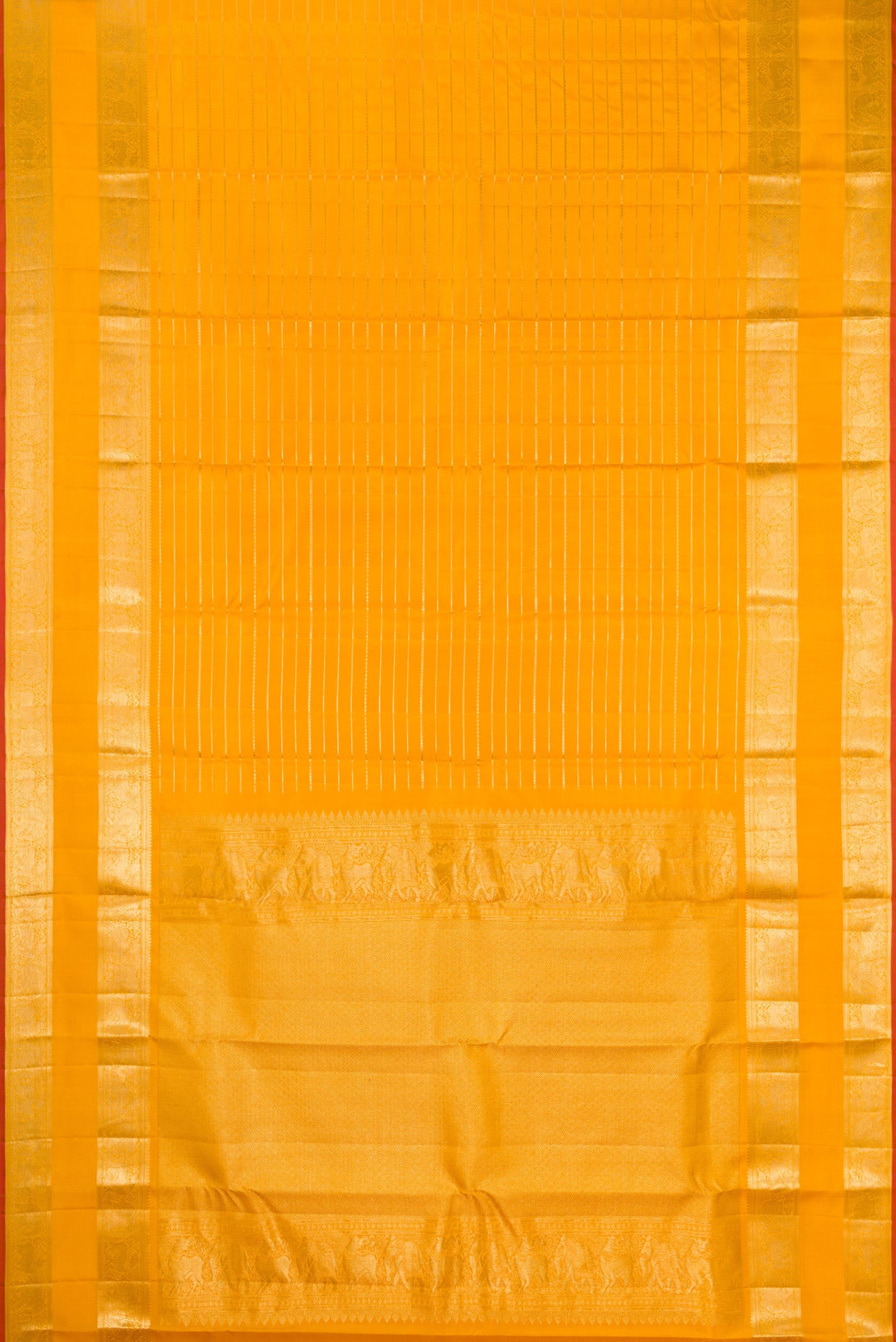 Flat view of Mustard Kanjivaram Silk Saree with Veldhari on the body and Fancy Border. 