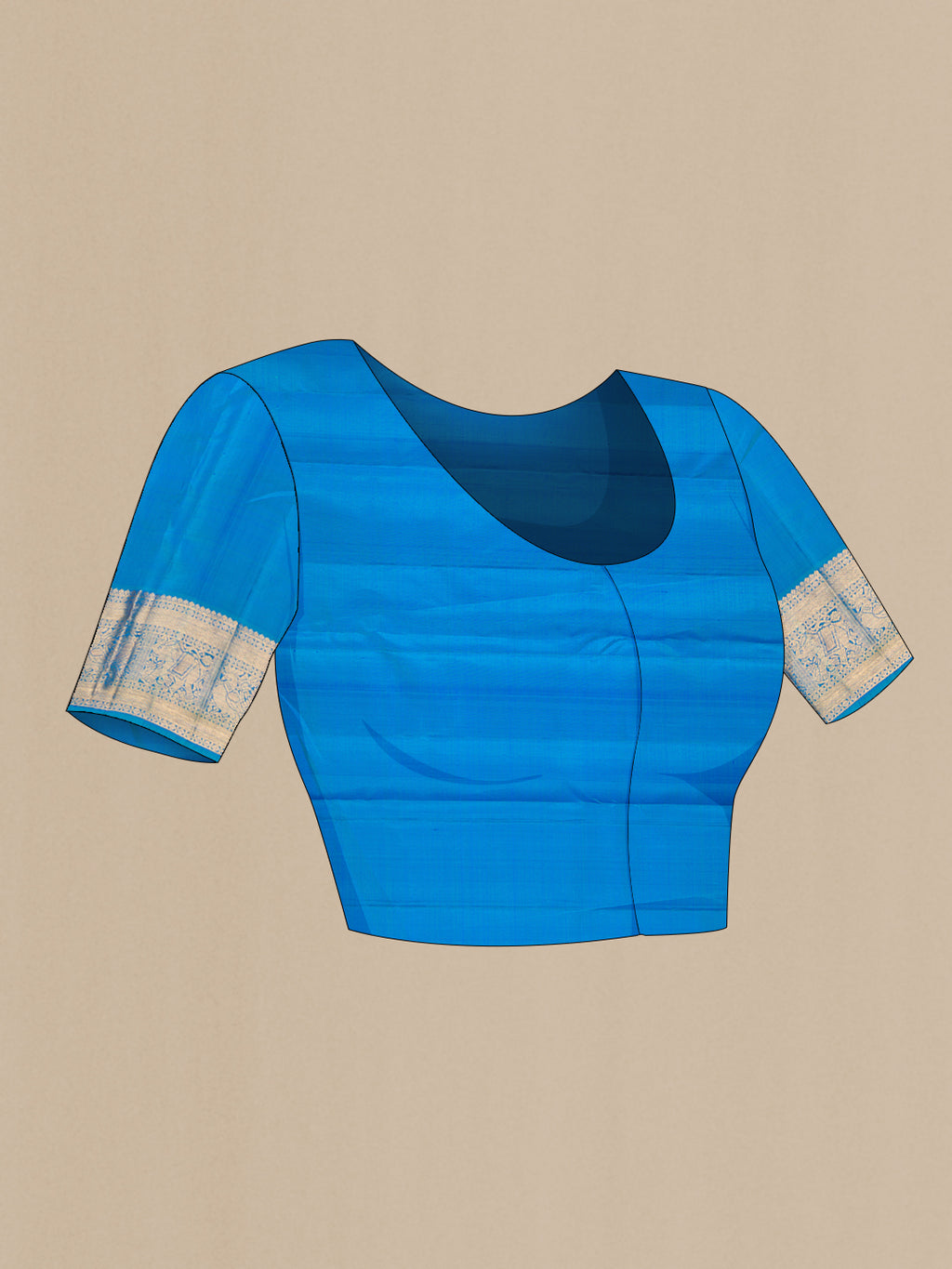 Close up image of the blouse of Peacock Blue Dual Tone Kanjivaram Silk Saree with Stripes on the body and Zari Border. 