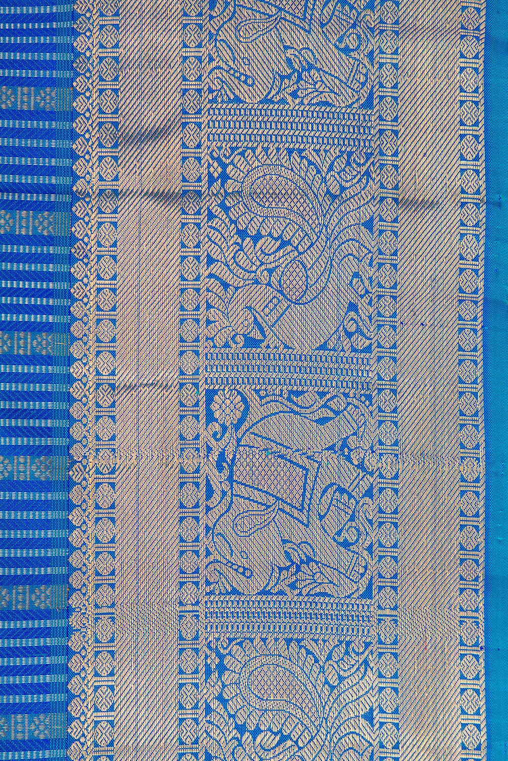 Border image of Peacock Blue Dual Tone Kanjivaram Silk Saree with Stripes on the body and Zari Border. 