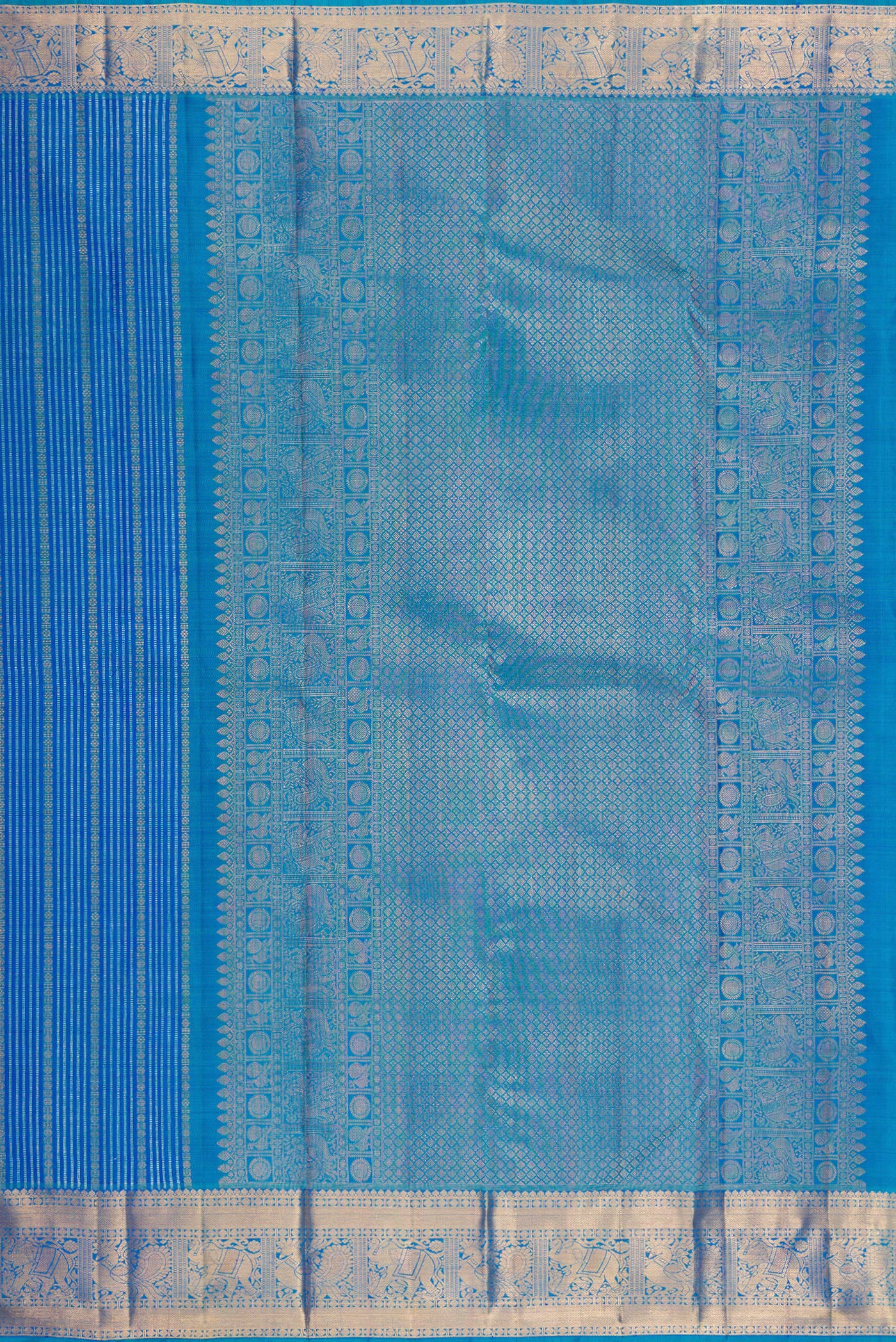 Close up image of the pallu of Peacock Blue Dual Tone Kanjivaram Silk Saree with Stripes on the body and Zari Border. 