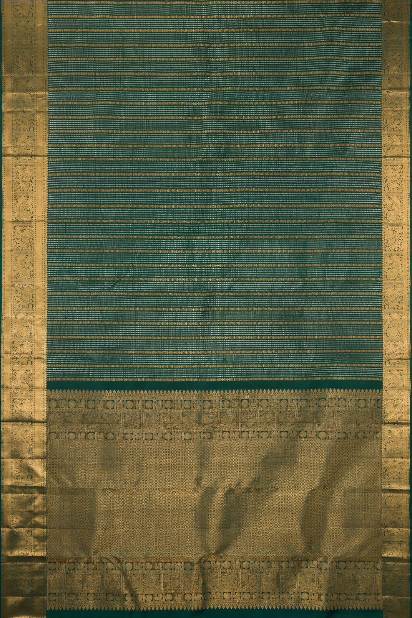 Flat view of Bottle Green Kanjivaram Silk Saree with Stripes on the body and Fancy Border. 