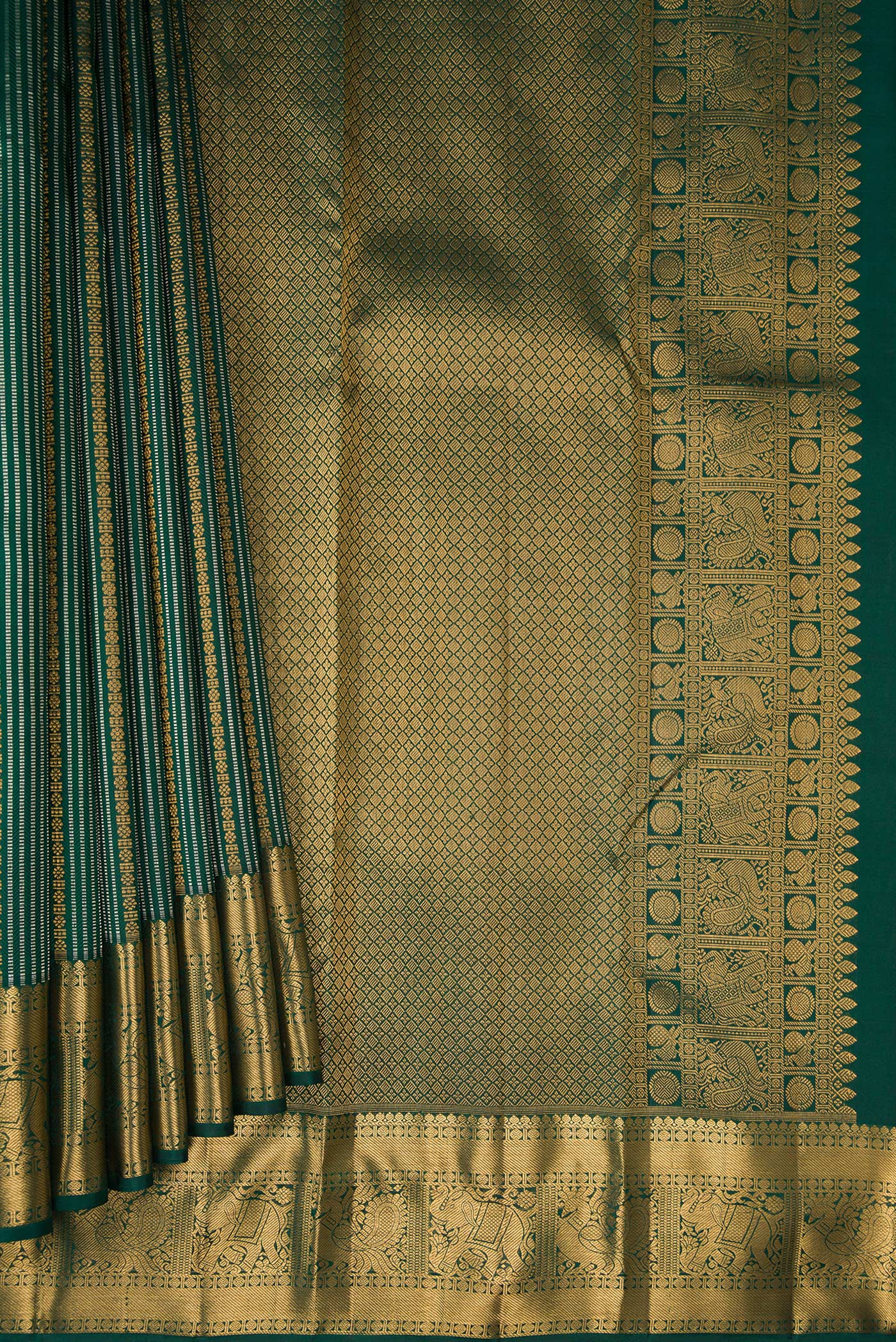 Pleats and pallu of Bottle Green Kanjivaram Silk Saree with Stripes on the body and Fancy Border. 