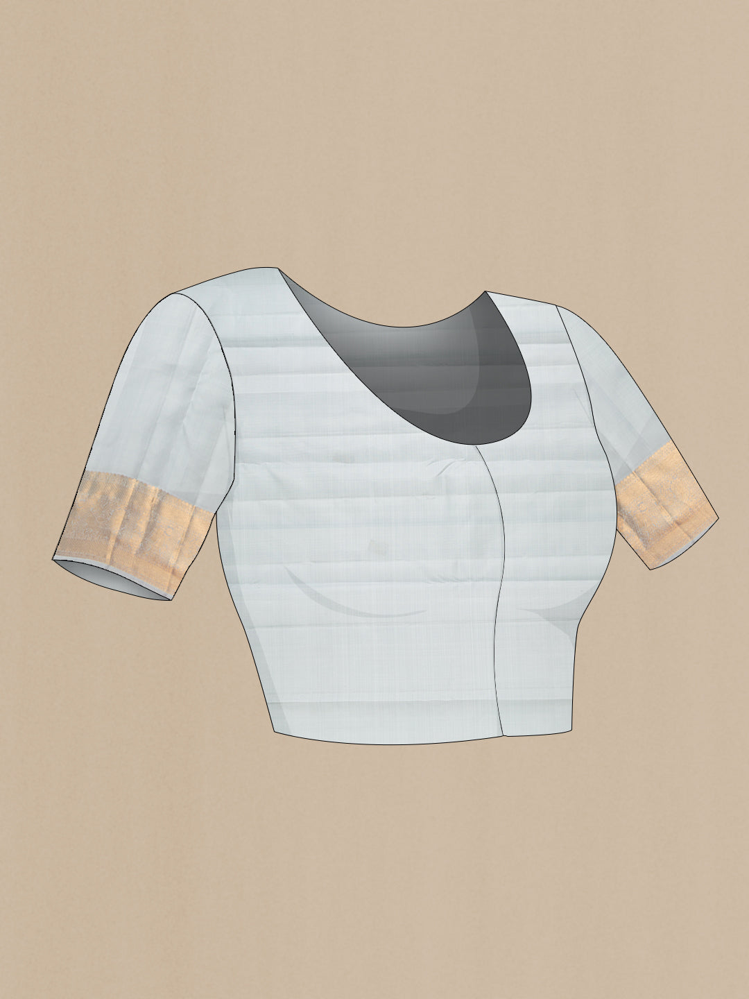 Close up image of the blouse of Grey Kanjivaram Silk Saree with Stripes on the body and Zari Border. 