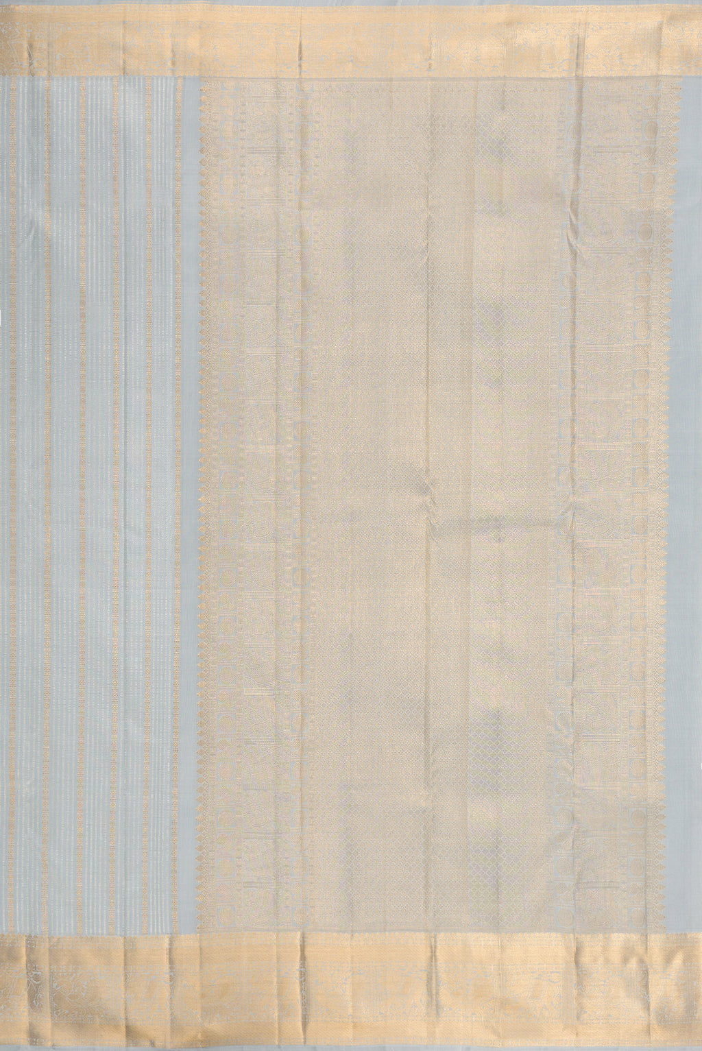 Close up image of the pallu of Grey Kanjivaram Silk Saree with Stripes on the body and Zari Border. 