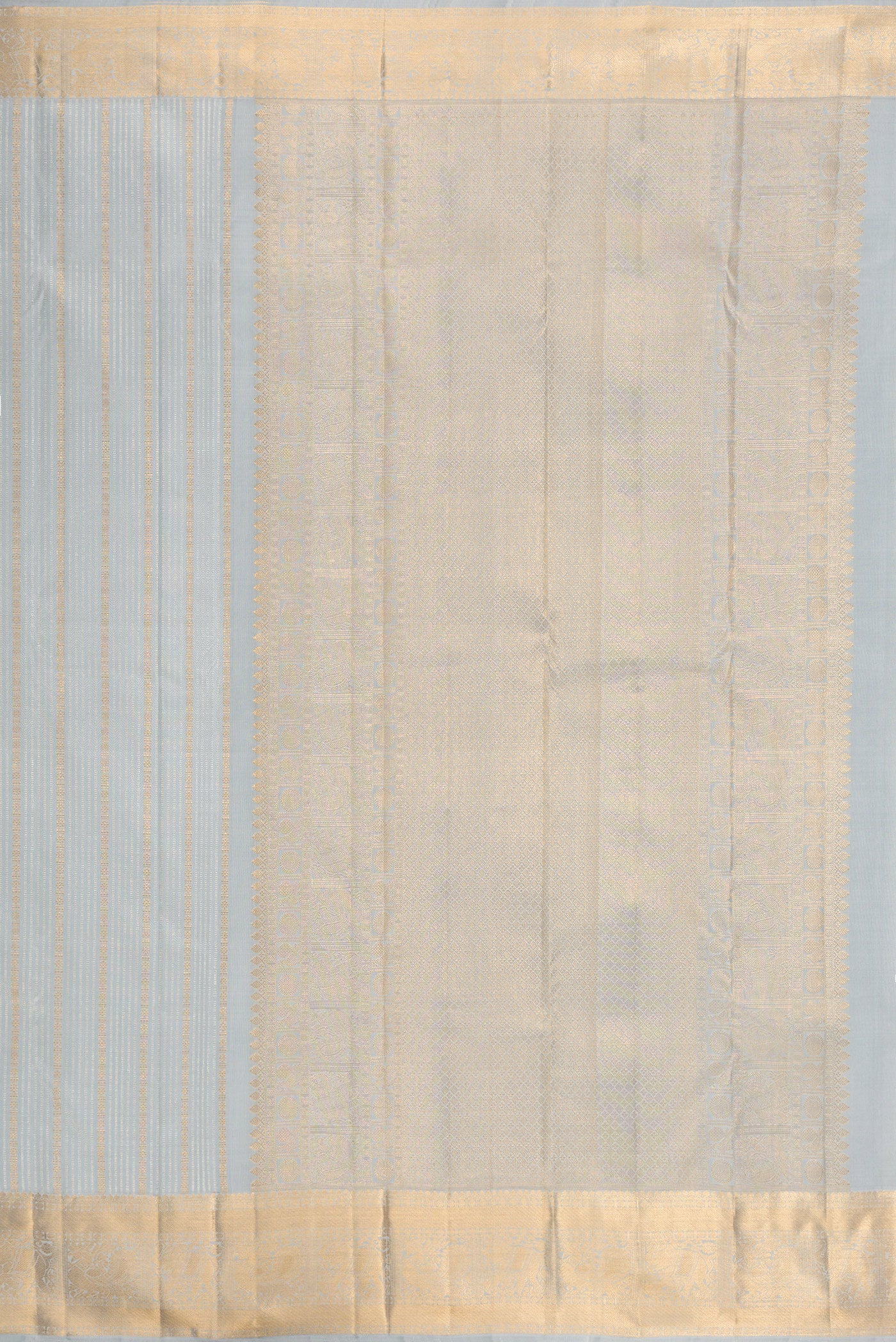Close up image of the pallu of Grey Kanjivaram Silk Saree with Stripes on the body and Zari Border. 