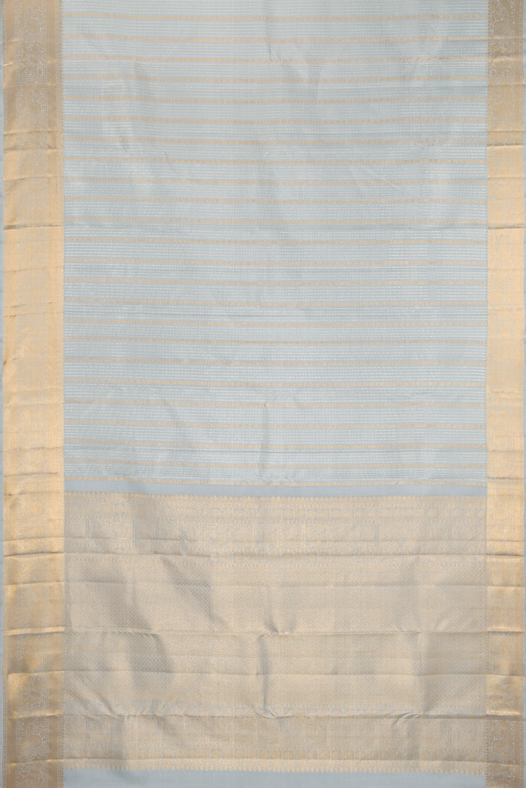 Flat view of Grey Kanjivaram Silk Saree with Stripes on the body and Zari Border. 