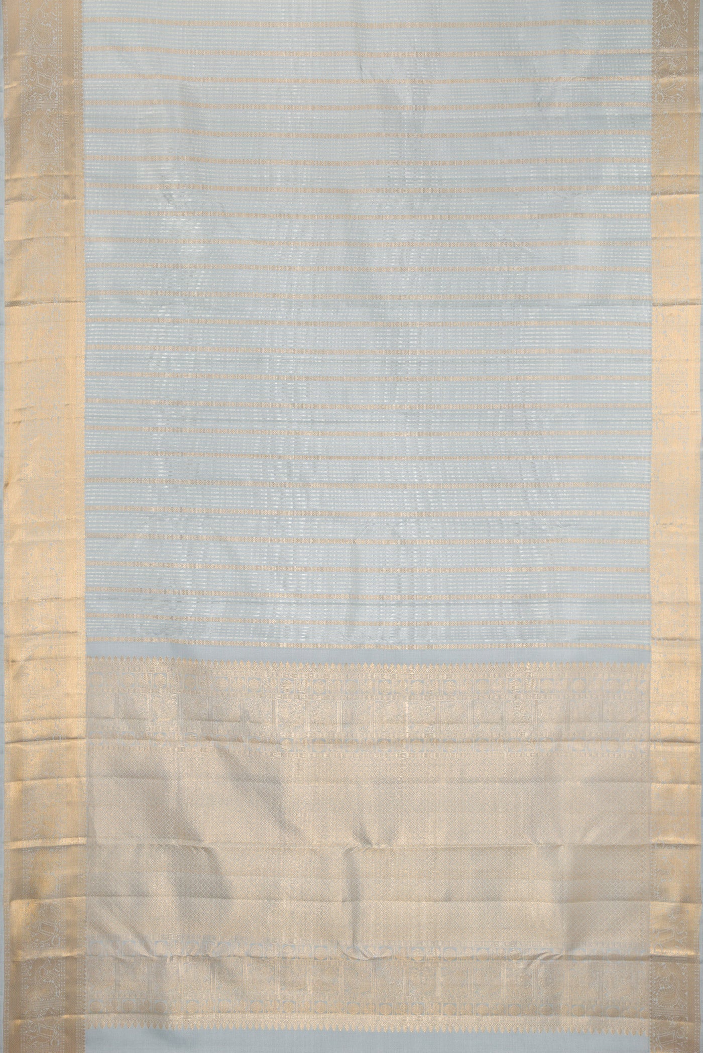 Flat view of Grey Kanjivaram Silk Saree with Stripes on the body and Zari Border. 