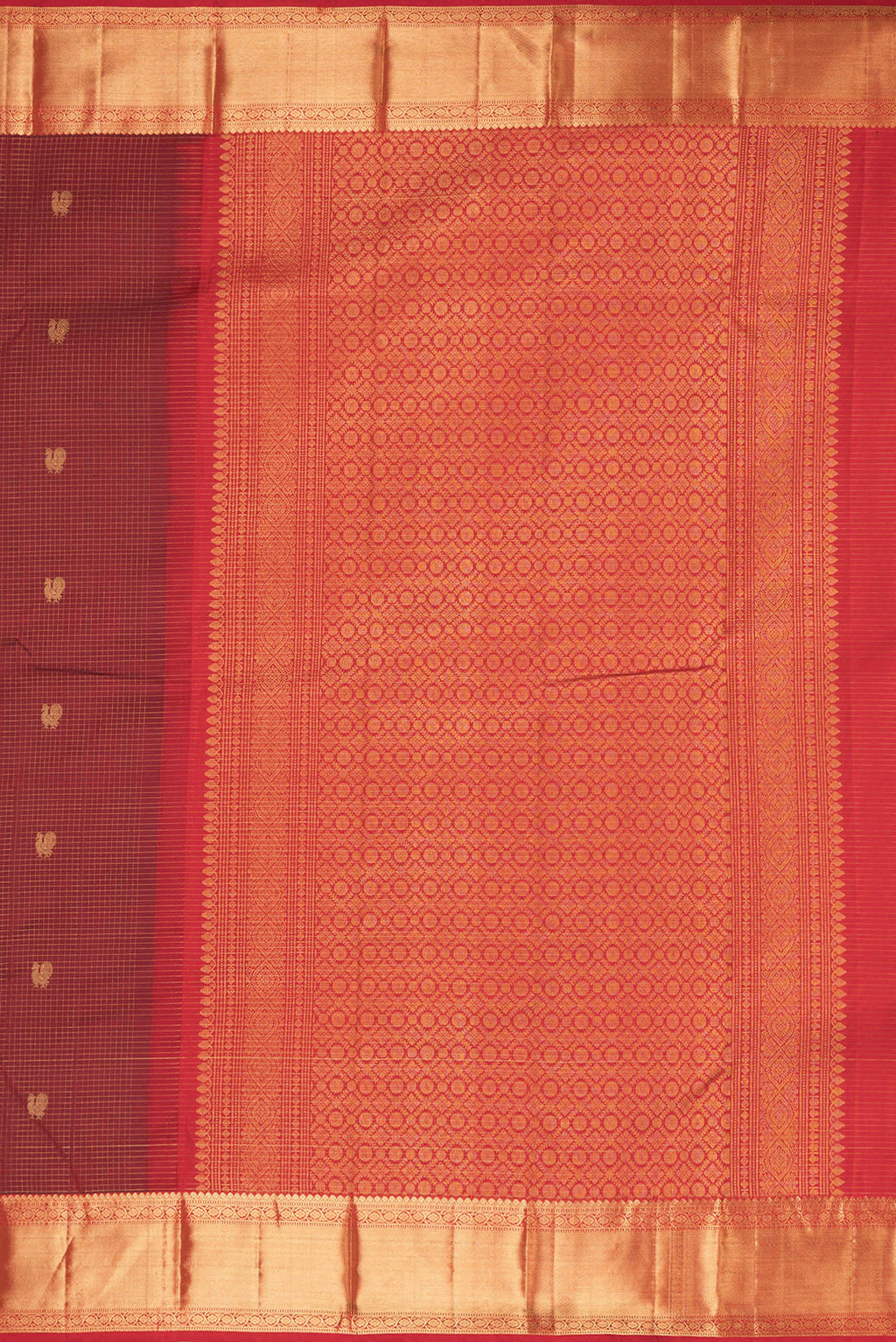 Close up image of the pallu of Pure Silk Maroon Kanjivaram Saree with Checked design on the body and Zari Border. 