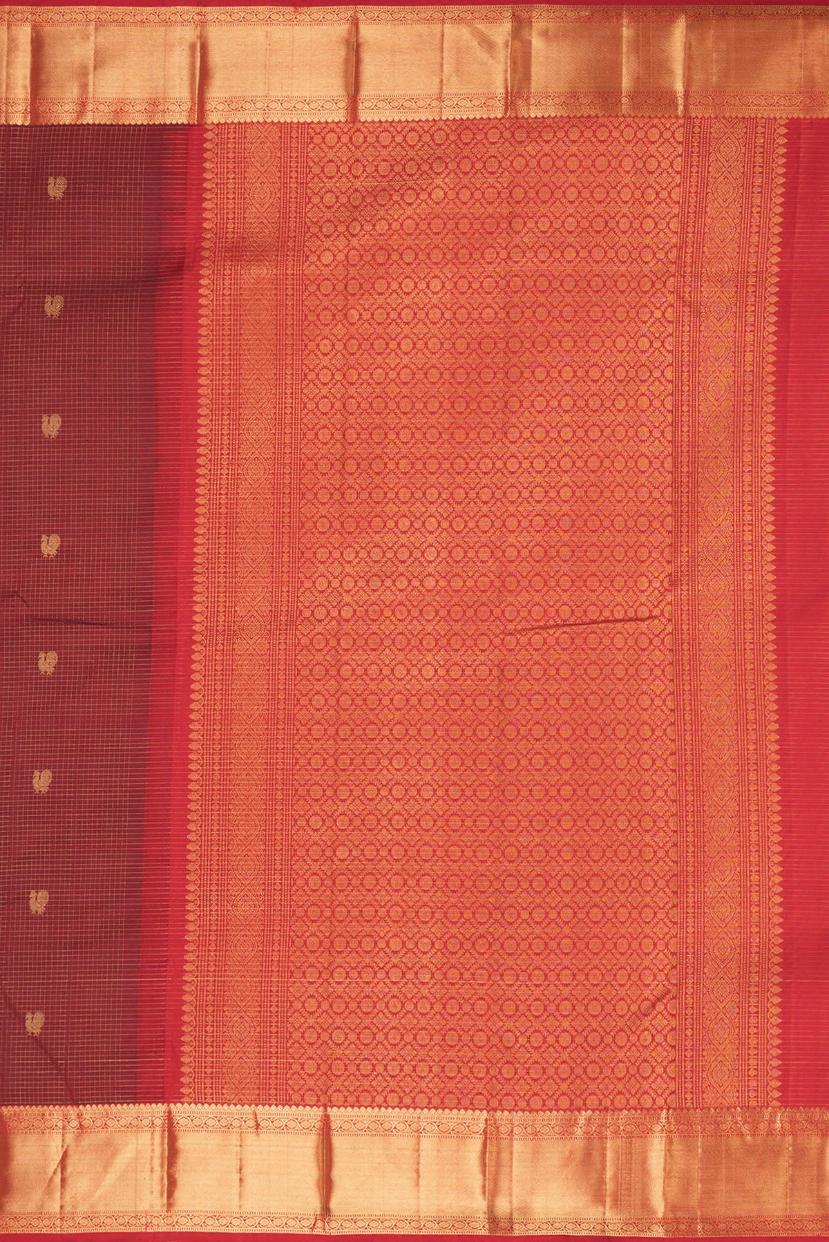 Close up image of the pallu of Pure Silk Maroon Kanjivaram Saree with Checked design on the body and Zari Border. 