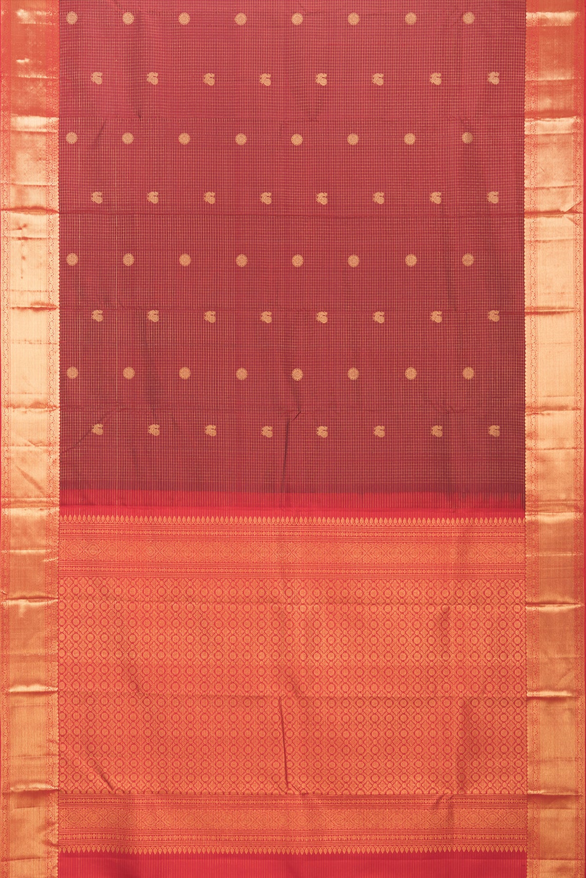 Flat view of Pure Silk Maroon Kanjivaram Saree with Checked design on the body and Zari Border. 
