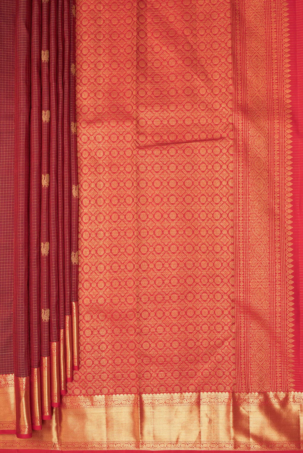 Pleats and pallu of Pure Silk Maroon Kanjivaram Saree with Checked design on the body and Zari Border. 