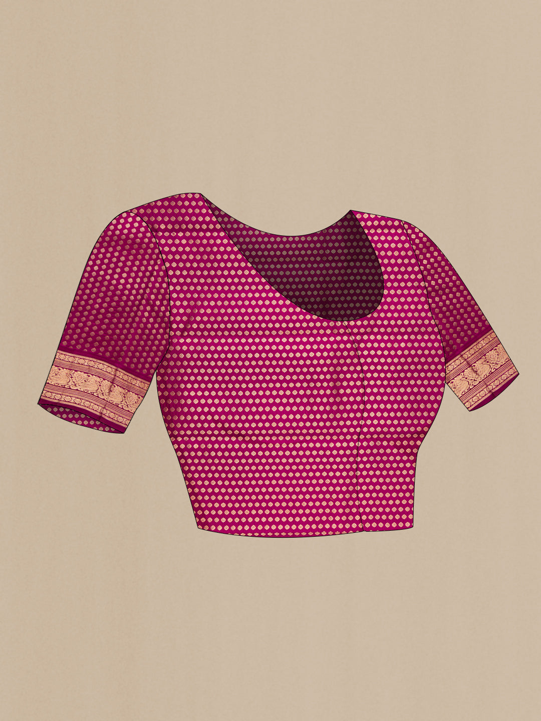 Close up image of the blouse of Dark Pink Kanjivaram Silk Saree with Zari Butta on the body and Zari Border. 