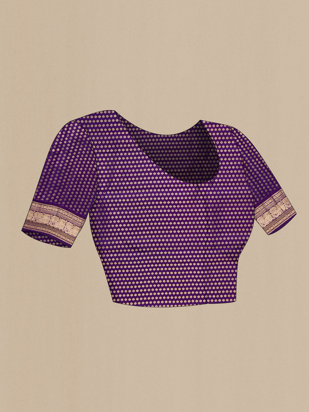 Close up image of the blouse of Lavender Kanjivaram Silk Saree with Zari Butta on the body and Zari Border. 