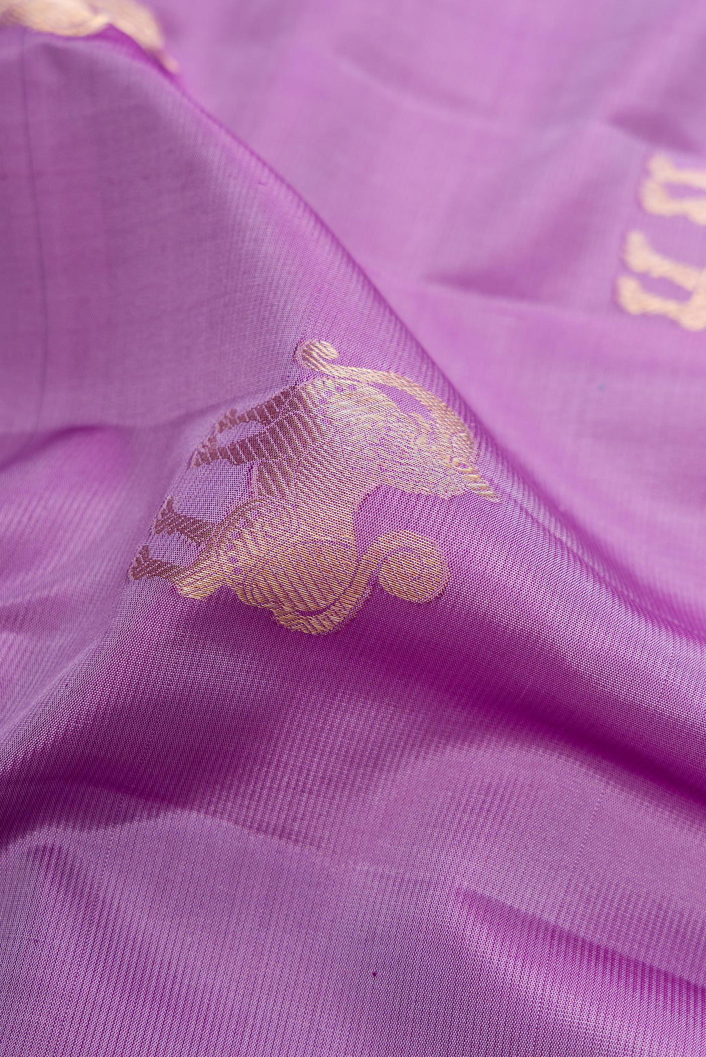 Close up of Lavender Kanjivaram Silk Saree with Zari Butta on the body and Zari Border.  displaying folds