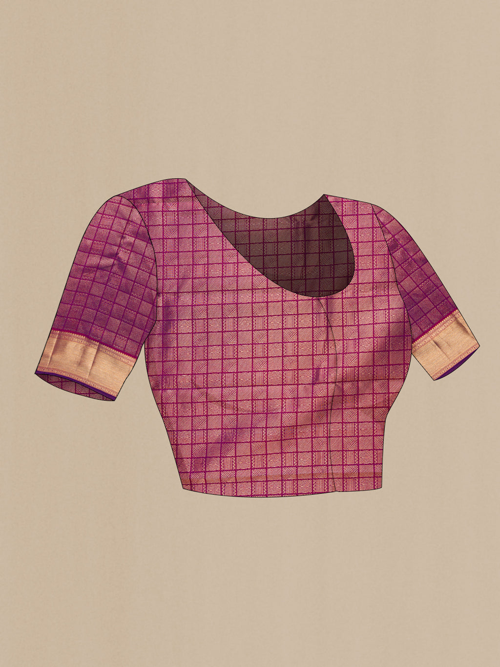 Close up image of the blouse of Dark Pink Kanjivaram Silk Saree with Zari Butta on the body and Zari Border. 