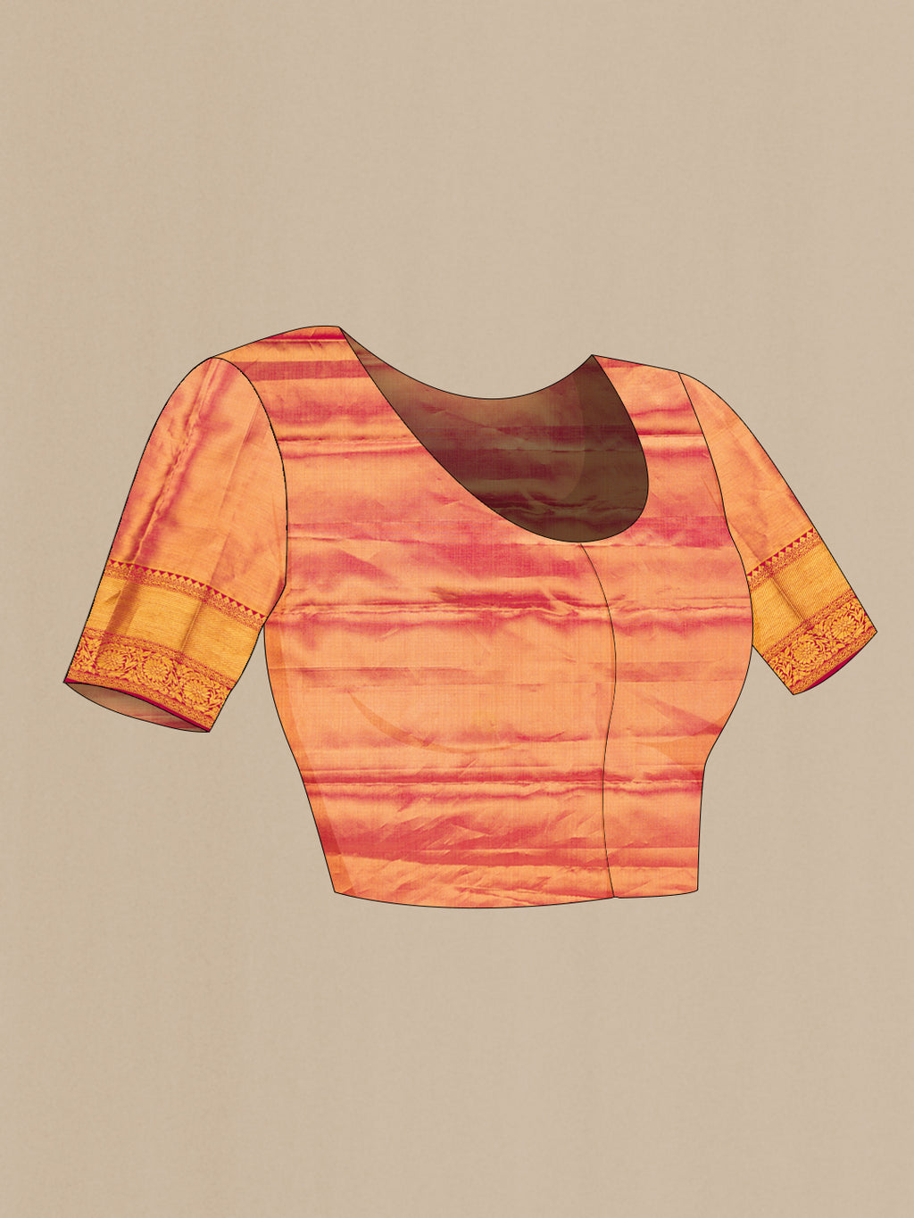 Close up image of the blouse of Pure Silk Gold Kanchipuram Tissue Saree with Zari Brocade on the body and Zari Border. 