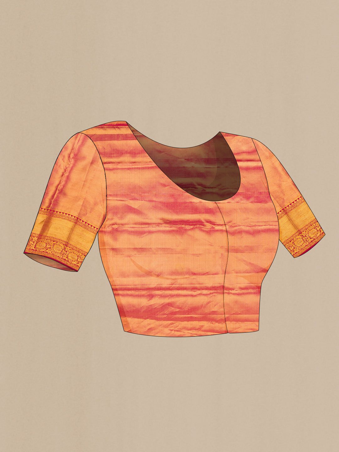 Close up image of the blouse of Pure Silk Gold Kanchipuram Tissue Saree with Zari Brocade on the body and Zari Border. 