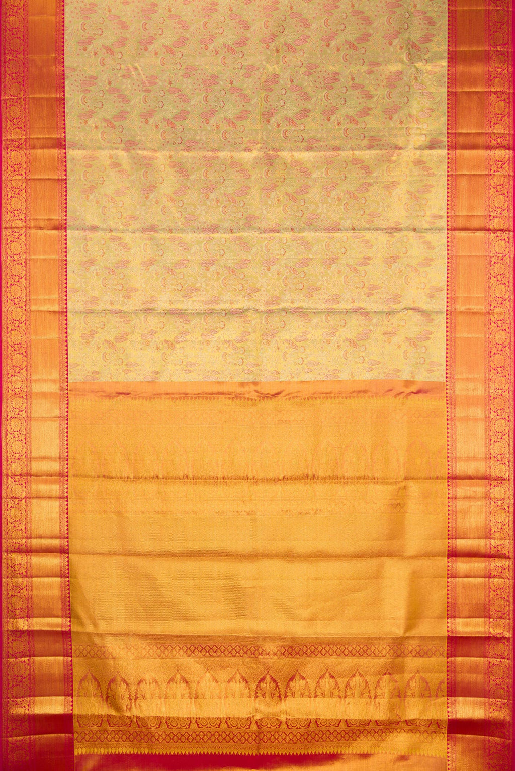 Flat view of Pure Silk Gold Kanchipuram Tissue Saree with Zari Brocade on the body and Zari Border. 